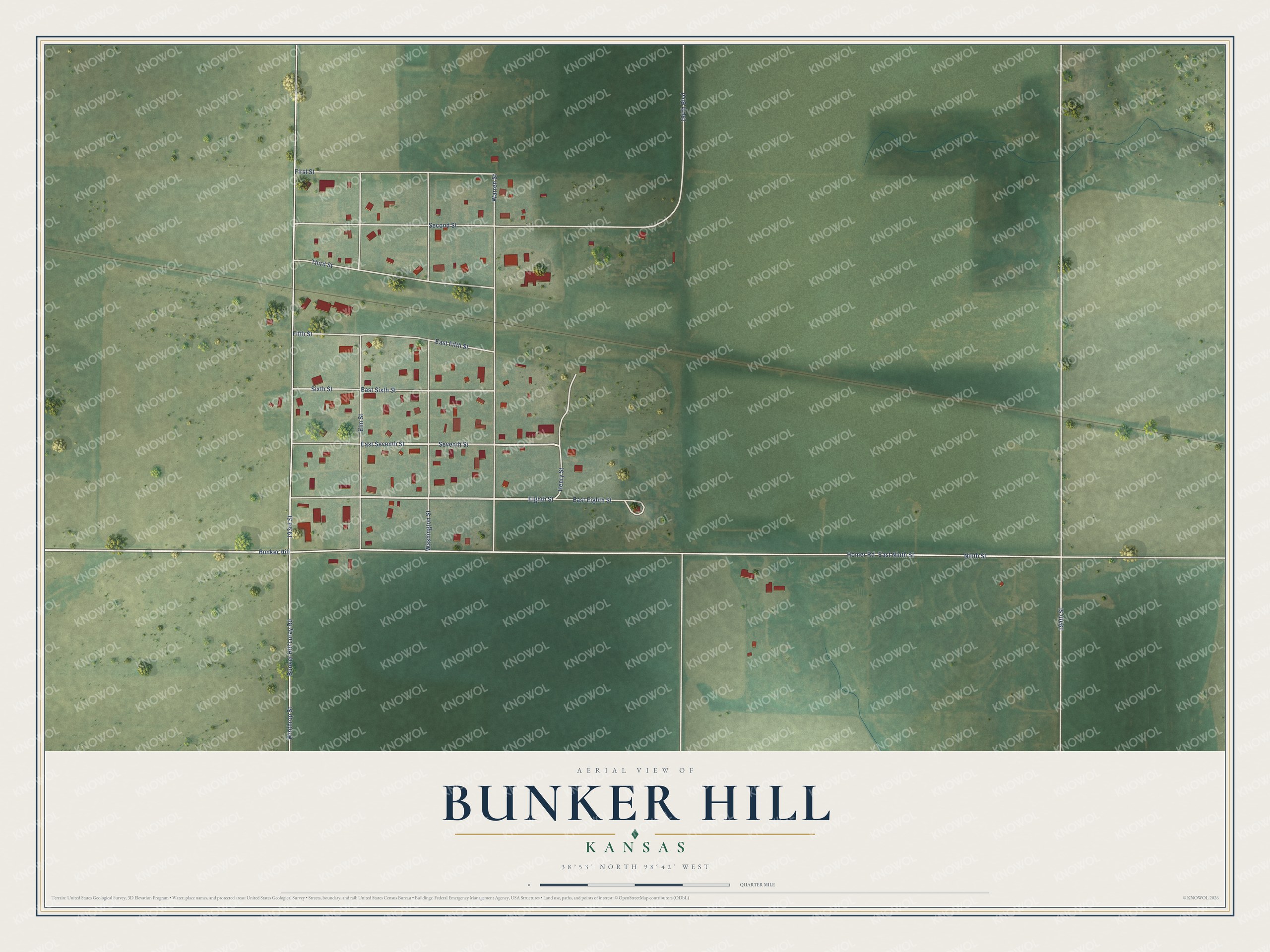 Full map of Bunker Hill, Kansas, with red buildings, printed street names and the land around them