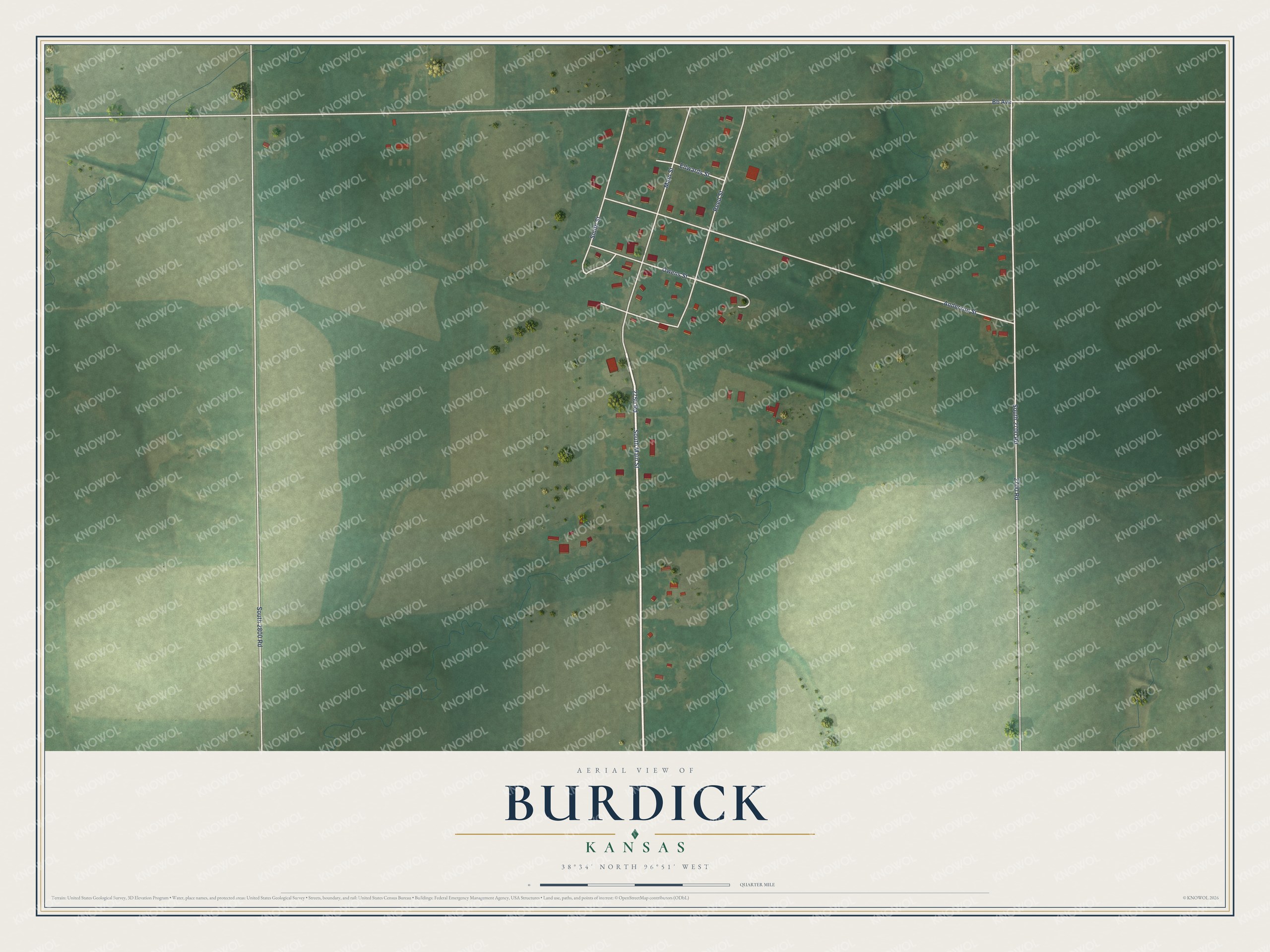 Full map of Burdick, Kansas, with red buildings, printed street names and the land around them