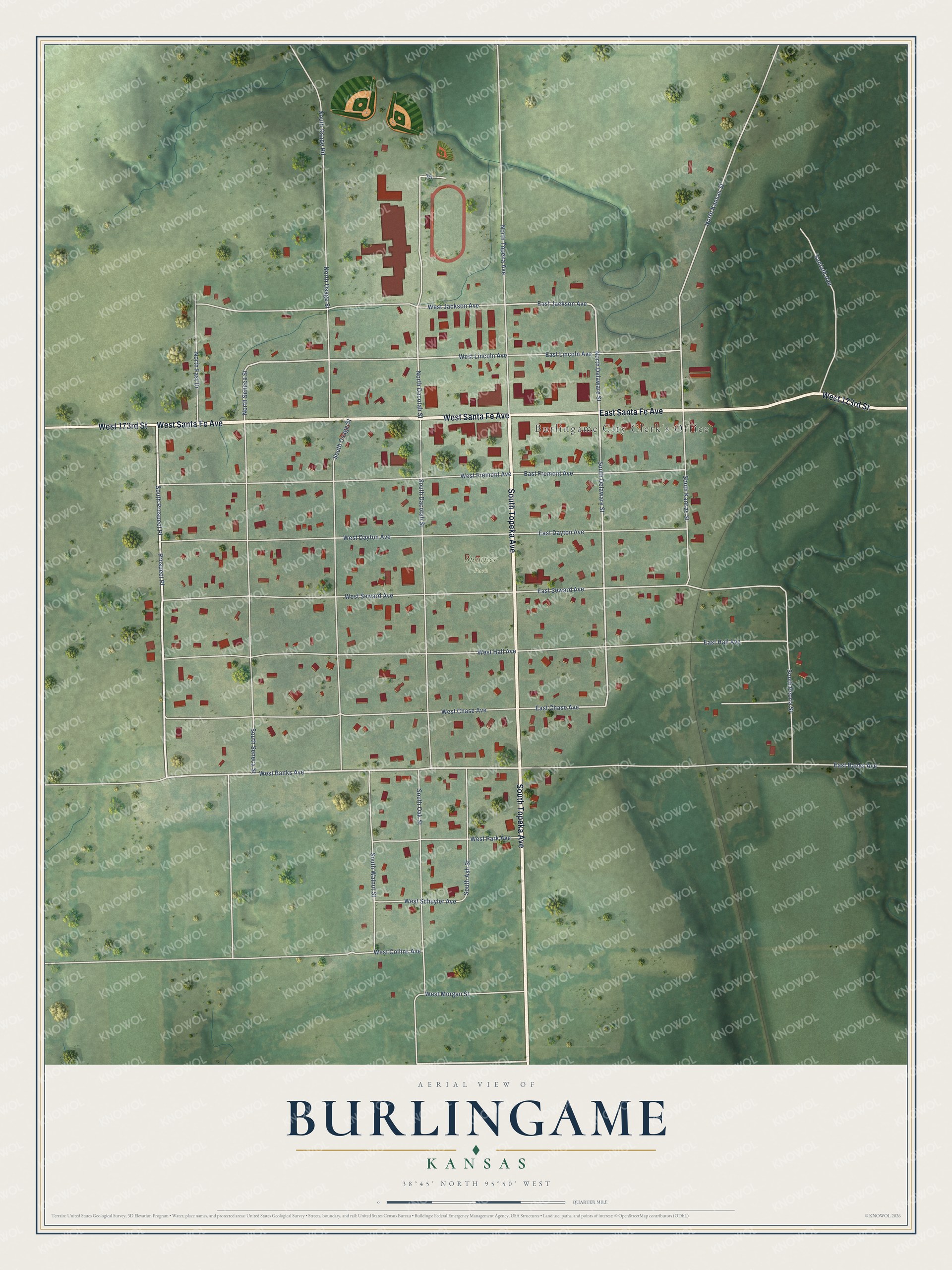 Full map of Burlingame, Kansas, with red buildings, printed street names and the land around them