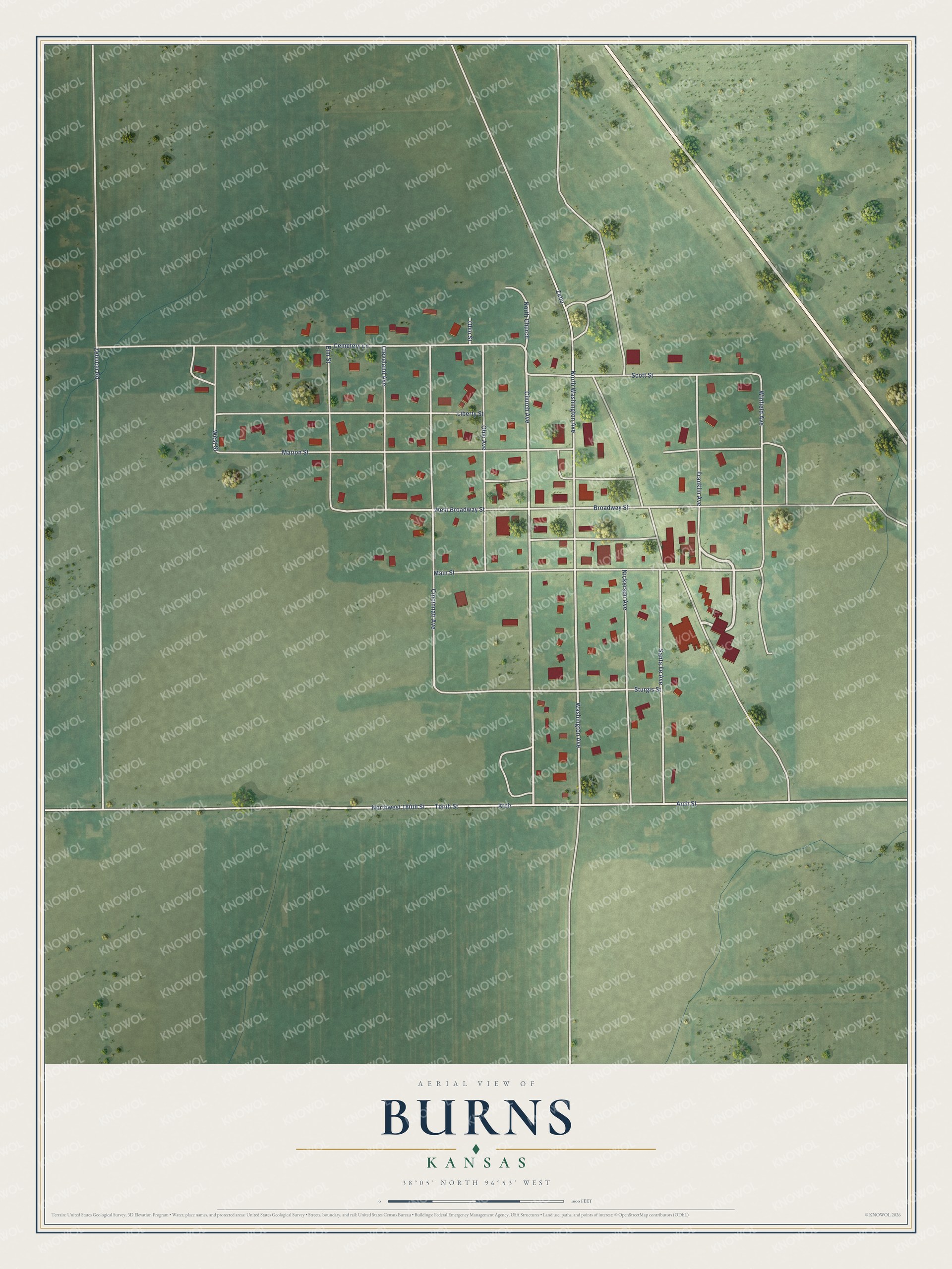 Full map of Burns, Kansas, with red buildings, printed street names and the land around them