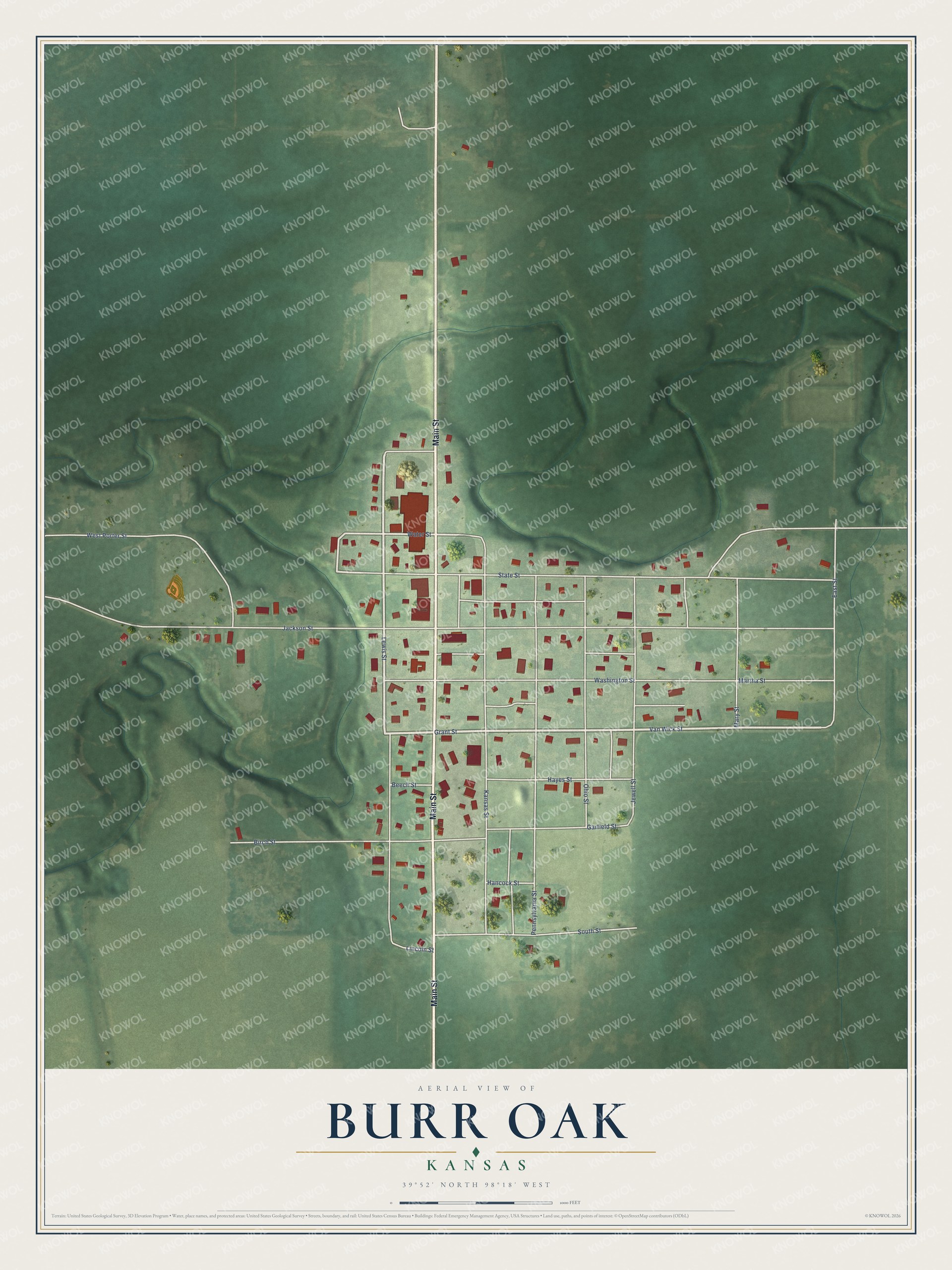 Full map of Burr Oak, Kansas, with red buildings, printed street names and the land around them