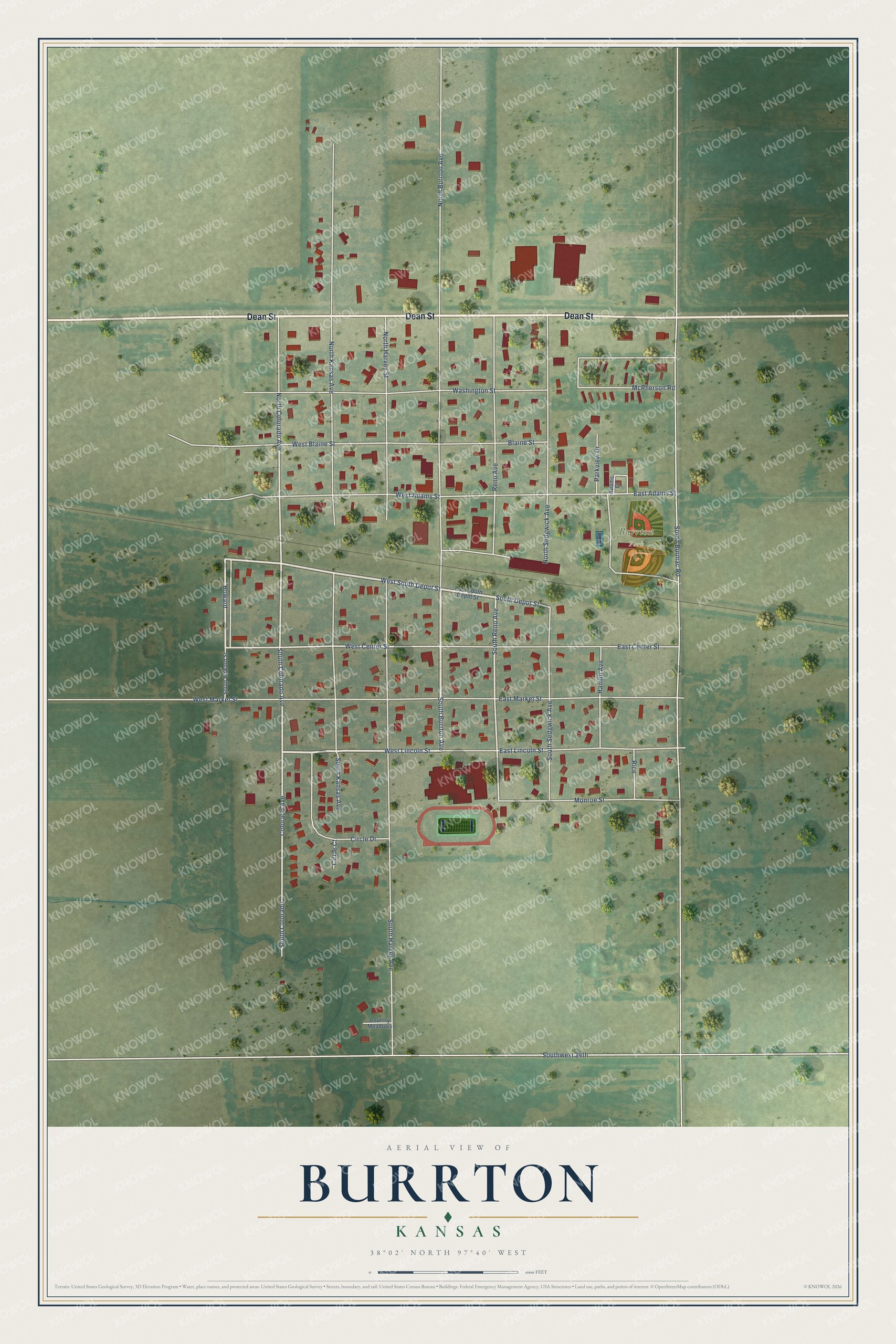 Full map of Burrton, Kansas, with red buildings, printed street names and the land around them