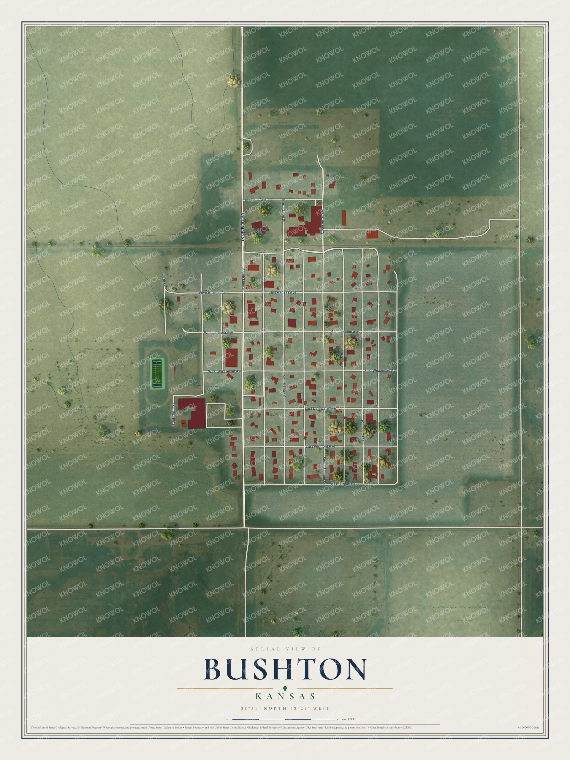 Full map of Bushton, Kansas, with red buildings, printed street names and the land around them