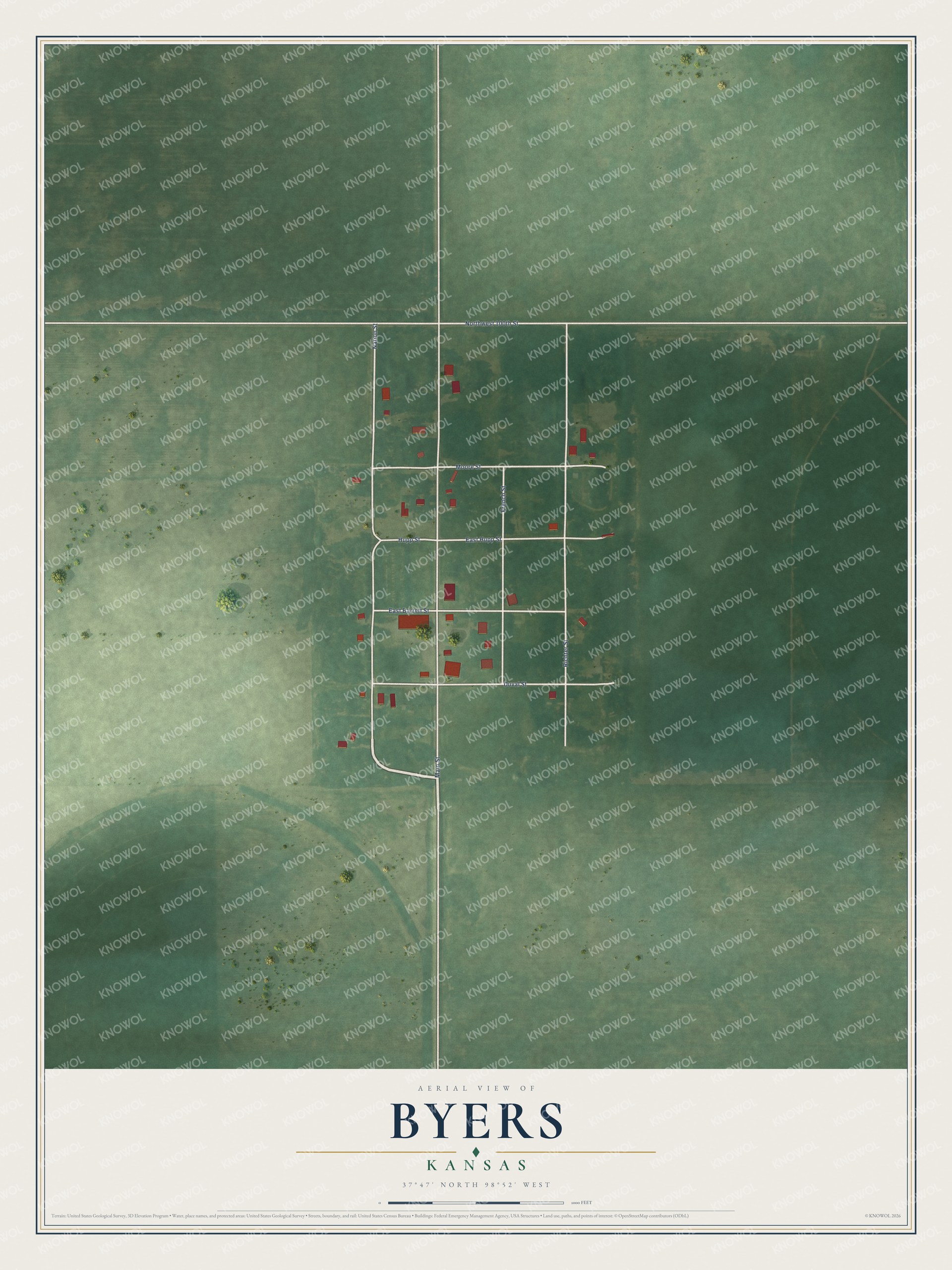 Full map of Byers, Kansas, with red buildings, printed street names and the land around them