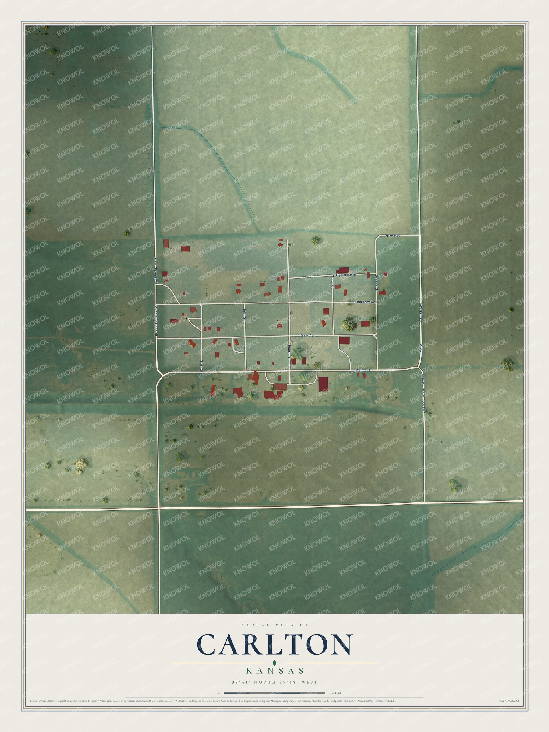 Full map of Carlton, Kansas, with red buildings, printed street names and the land around them