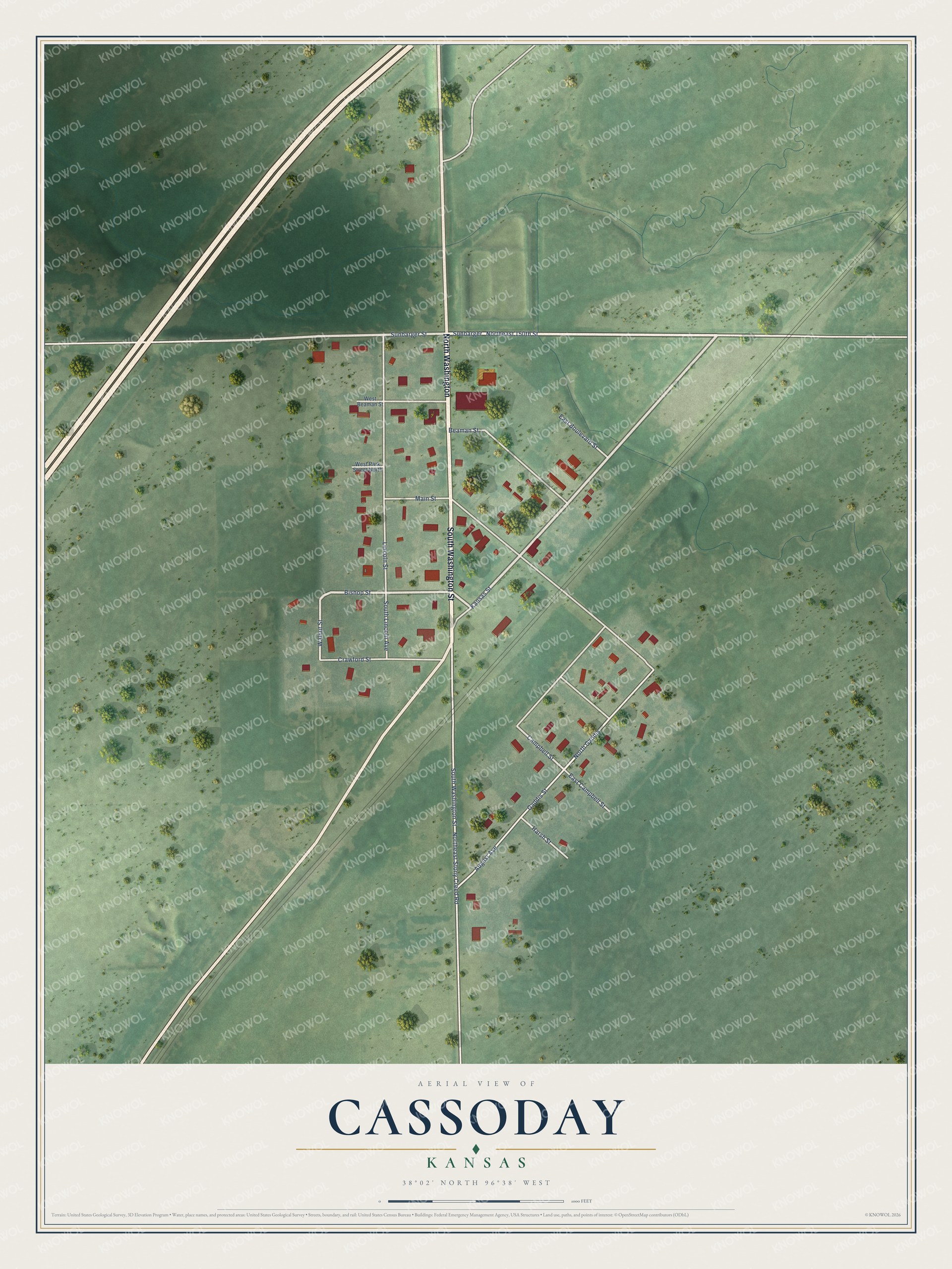 Full map of Cassoday, Kansas, with red buildings, printed street names and the land around them