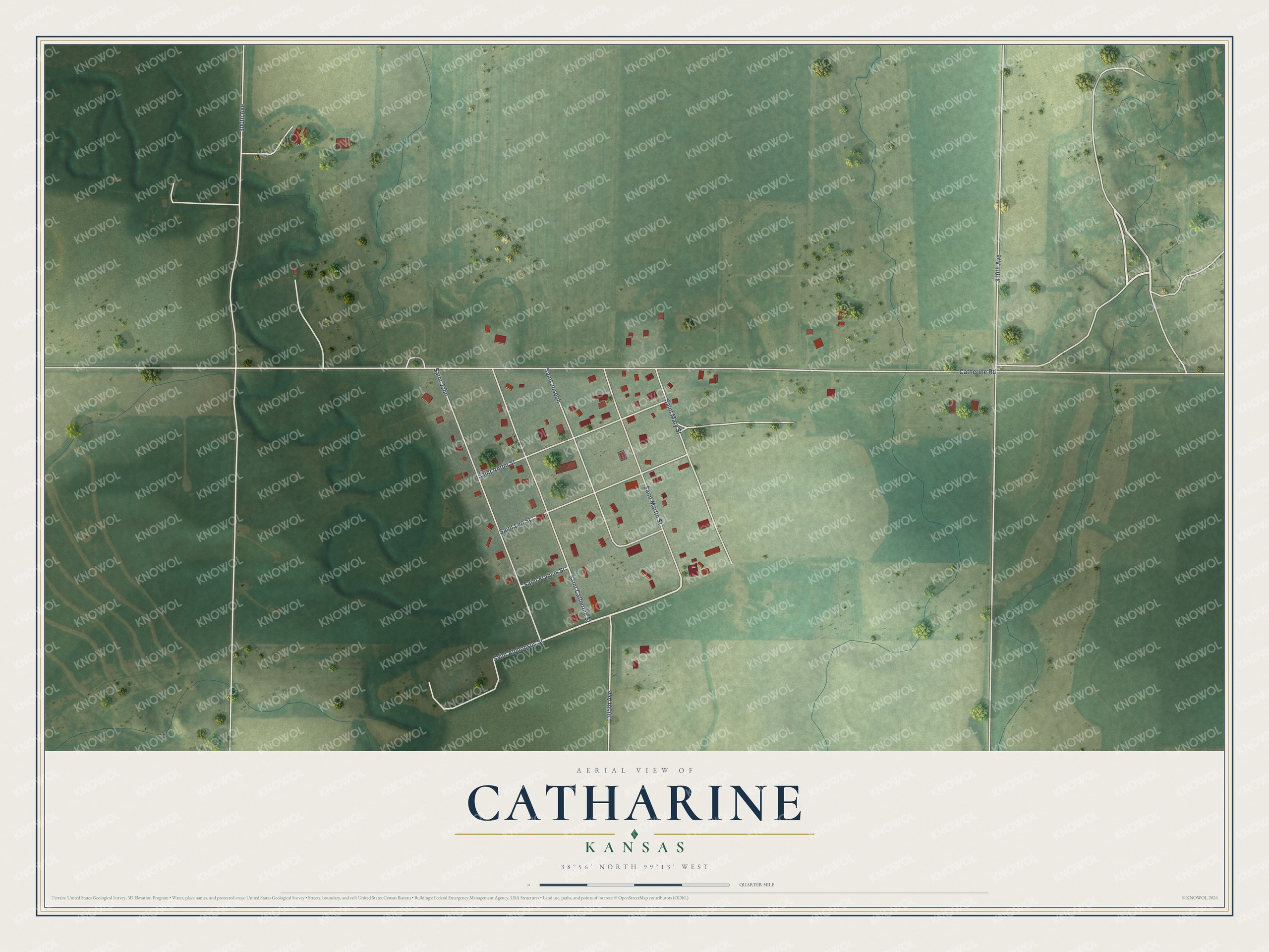 Full map of Catharine, Kansas, with red buildings, printed street names and the land around them