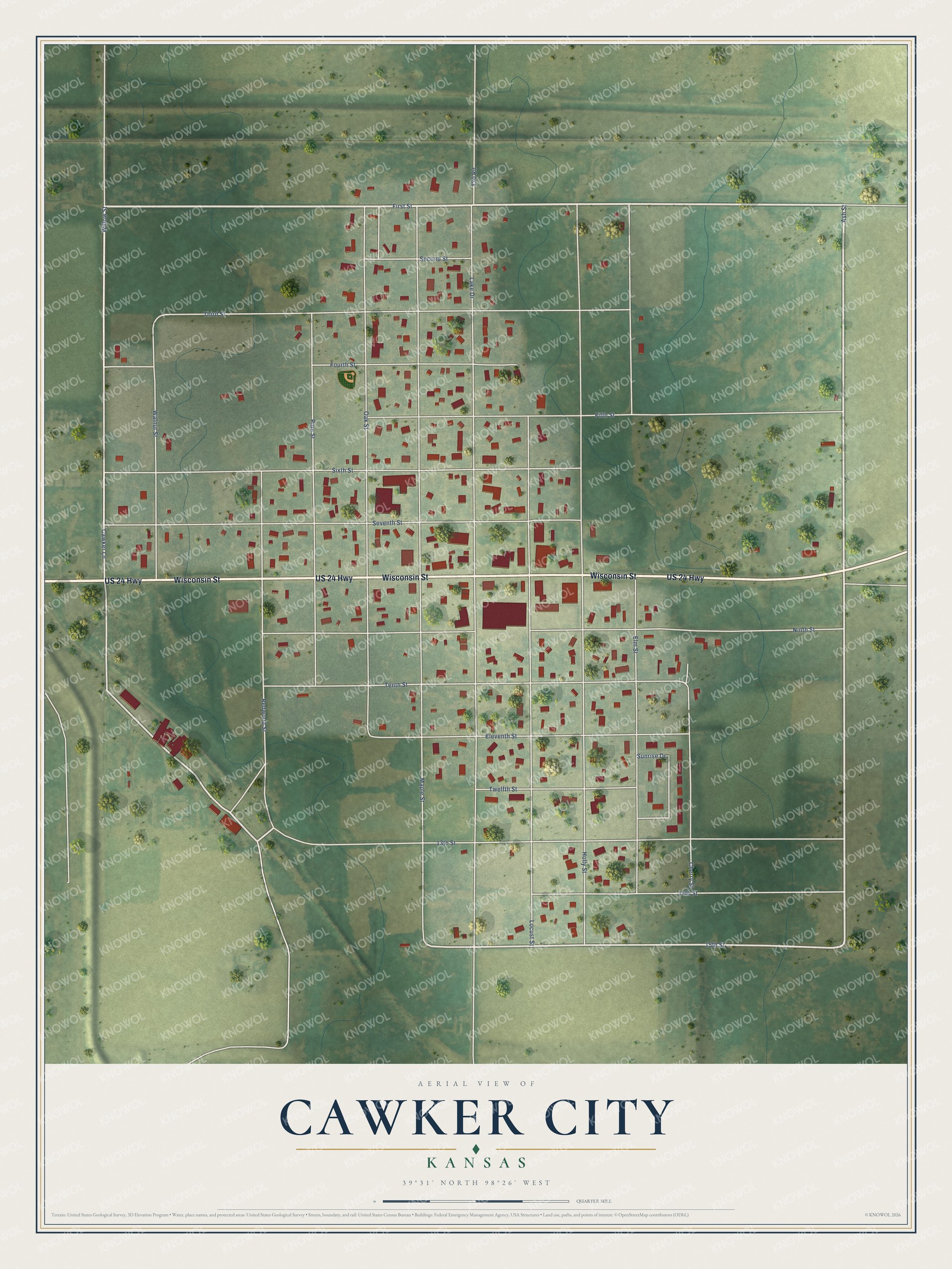 Watermarked full-map preview of Cawker City, Kansas