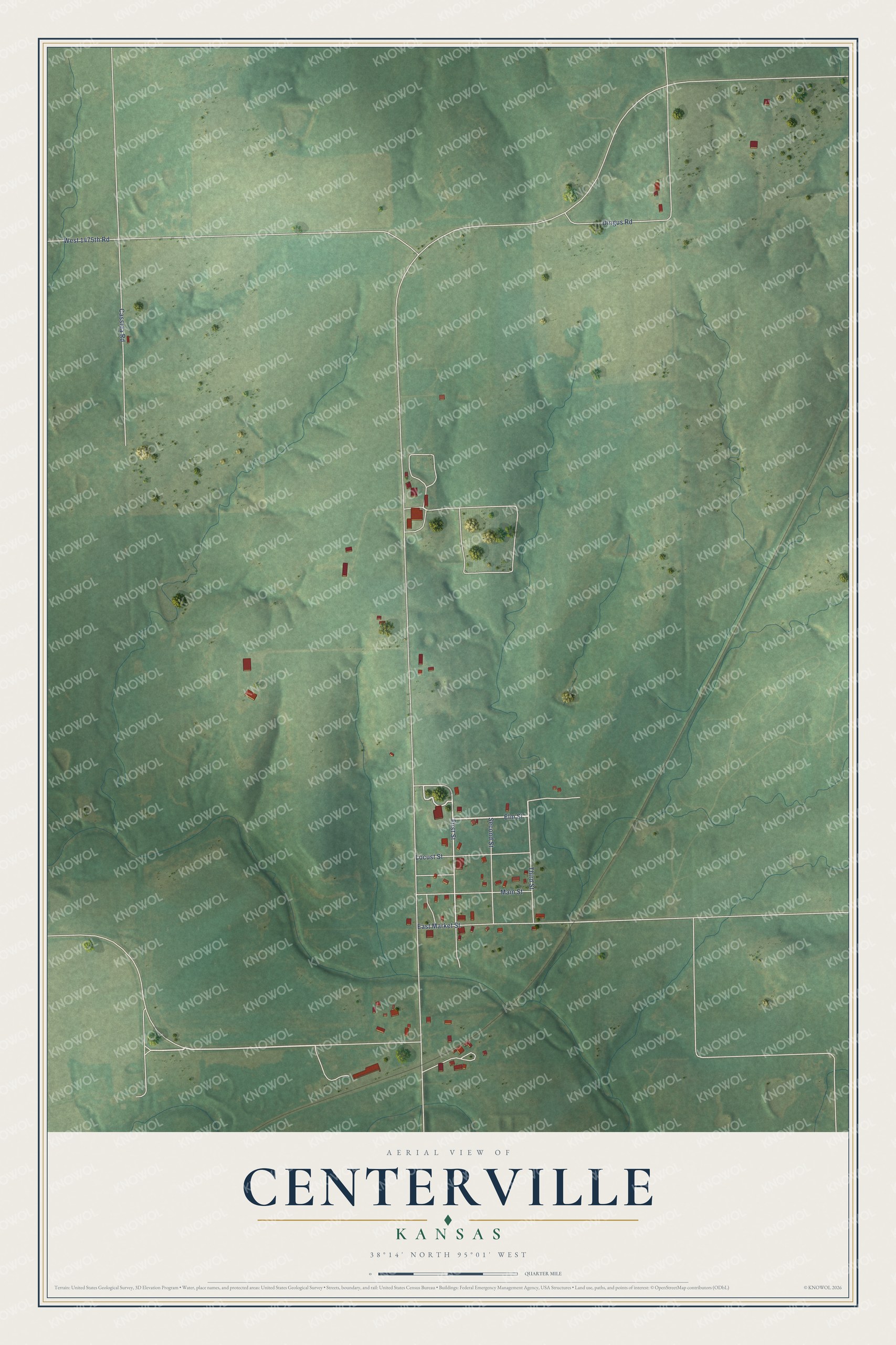 Full map of Centerville, Kansas, with red buildings, printed street names and the land around them