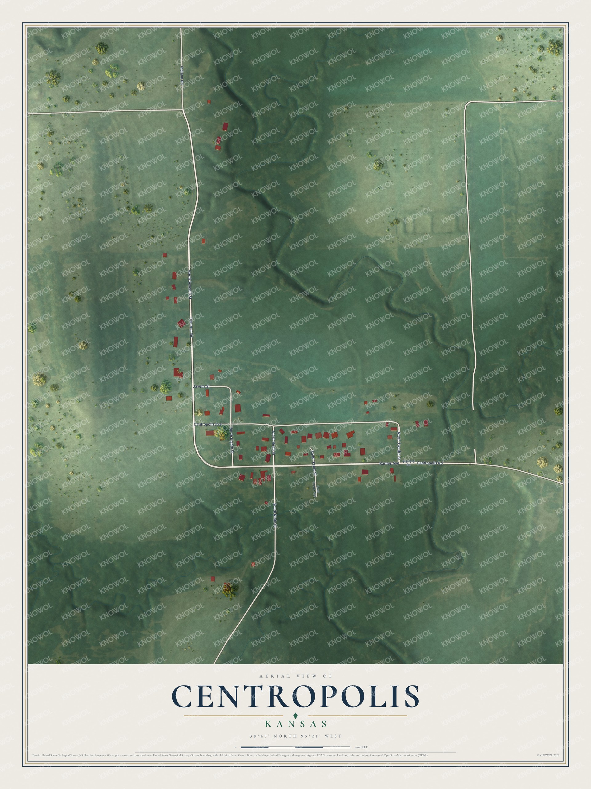 Full map of Centropolis, Kansas, with red buildings, printed street names and the land around them
