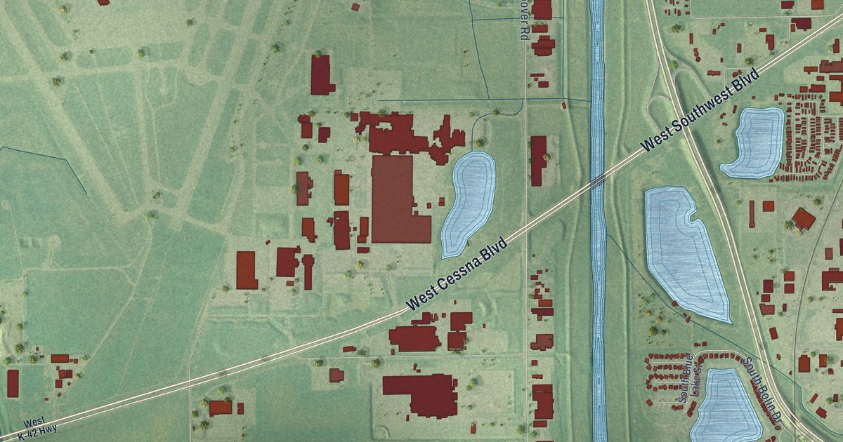 Close-up of streets and buildings in Cessna, Kansas