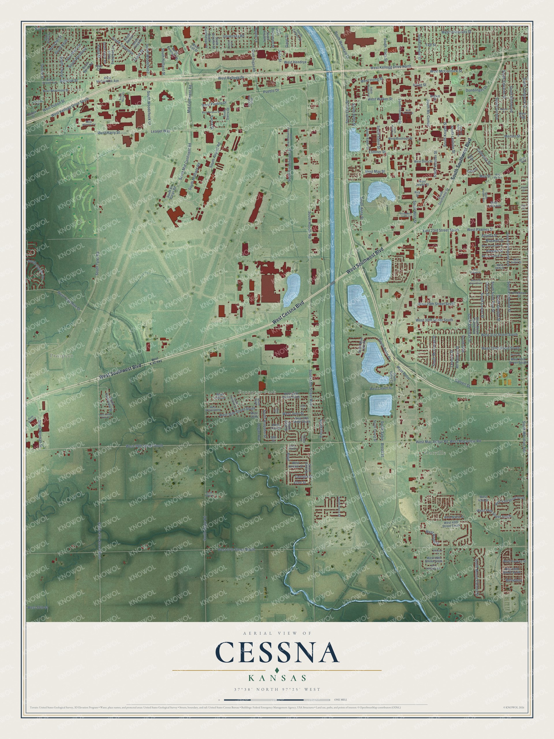 Full map of Cessna, Kansas, with red buildings, printed street names and the land around them