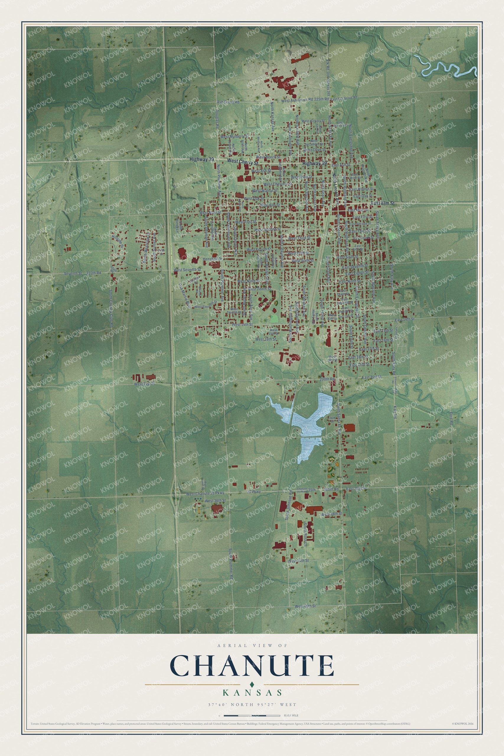 Full map of Chanute, Kansas, with red buildings, printed street names and the land around them