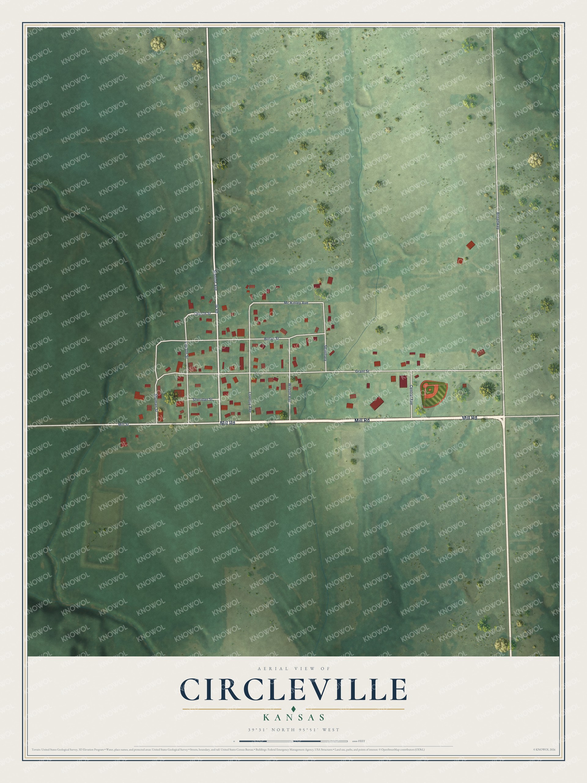 Full map of Circleville, Kansas, with red buildings, printed street names and the land around them