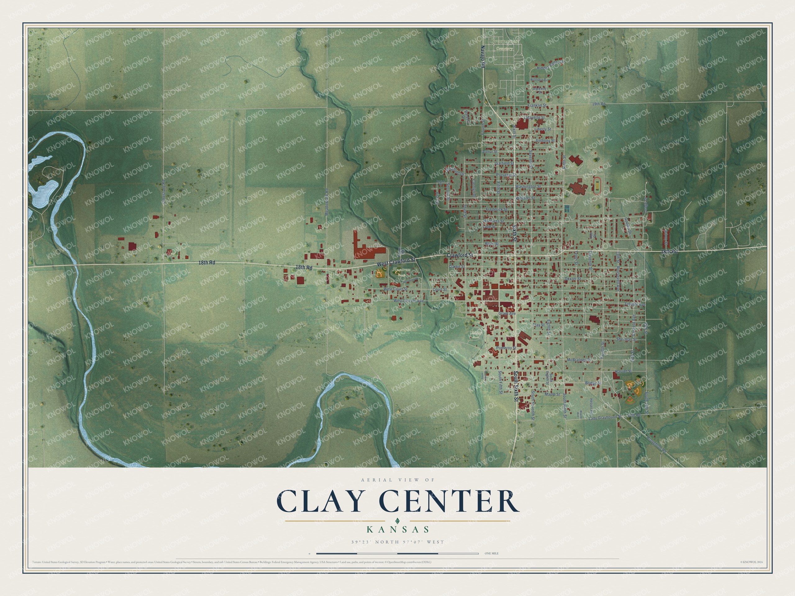 Full map of Clay Center, Kansas, with red buildings, printed street names and the land around them