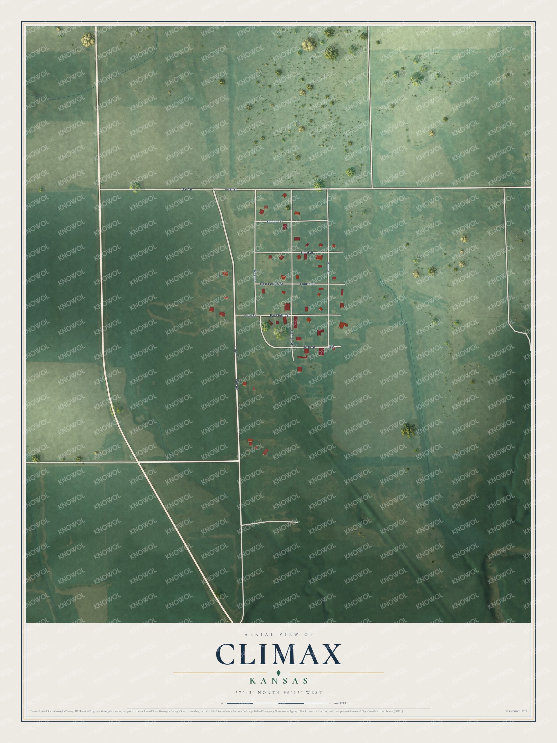 Full map of Climax, Kansas, with red buildings, printed street names and the land around them