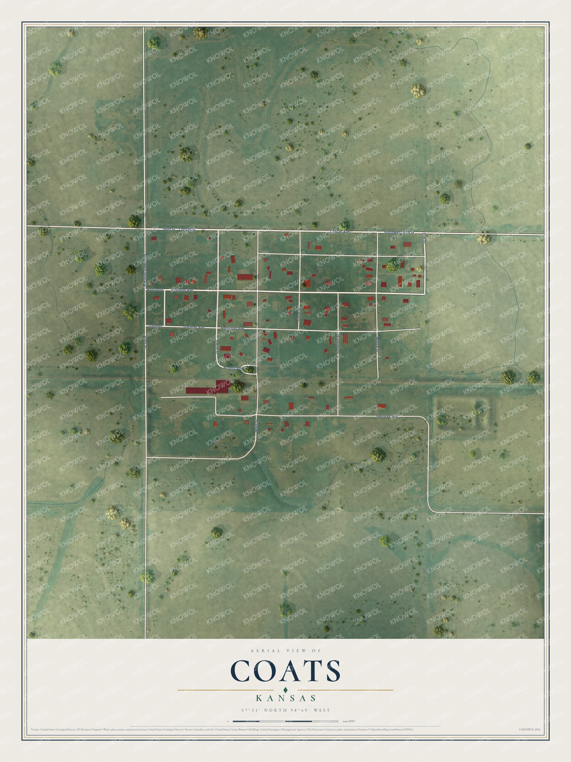 Full map of Coats, Kansas, with red buildings, printed street names and the land around them