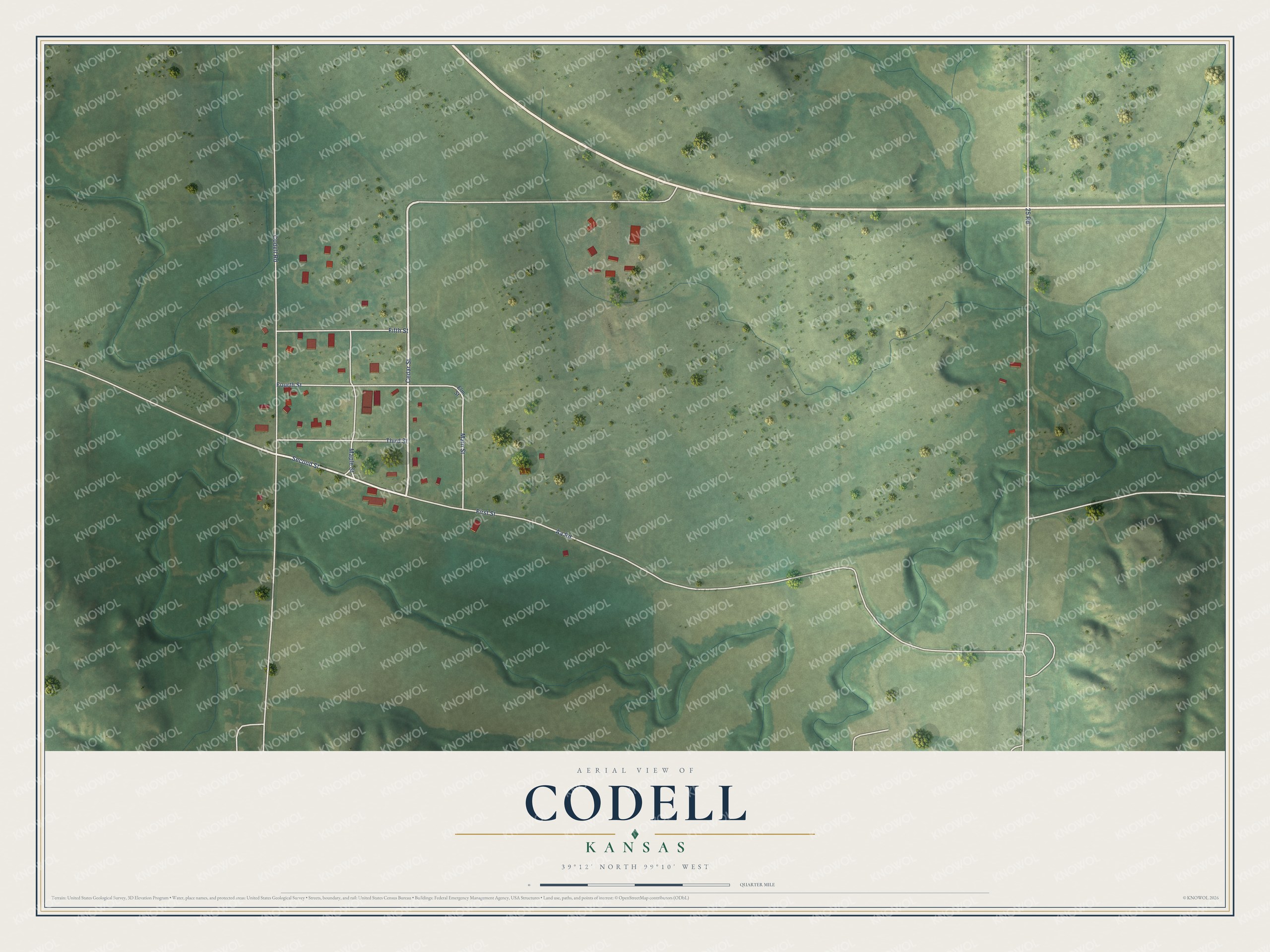 Full map of Codell, Kansas, with red buildings, printed street names and the land around them