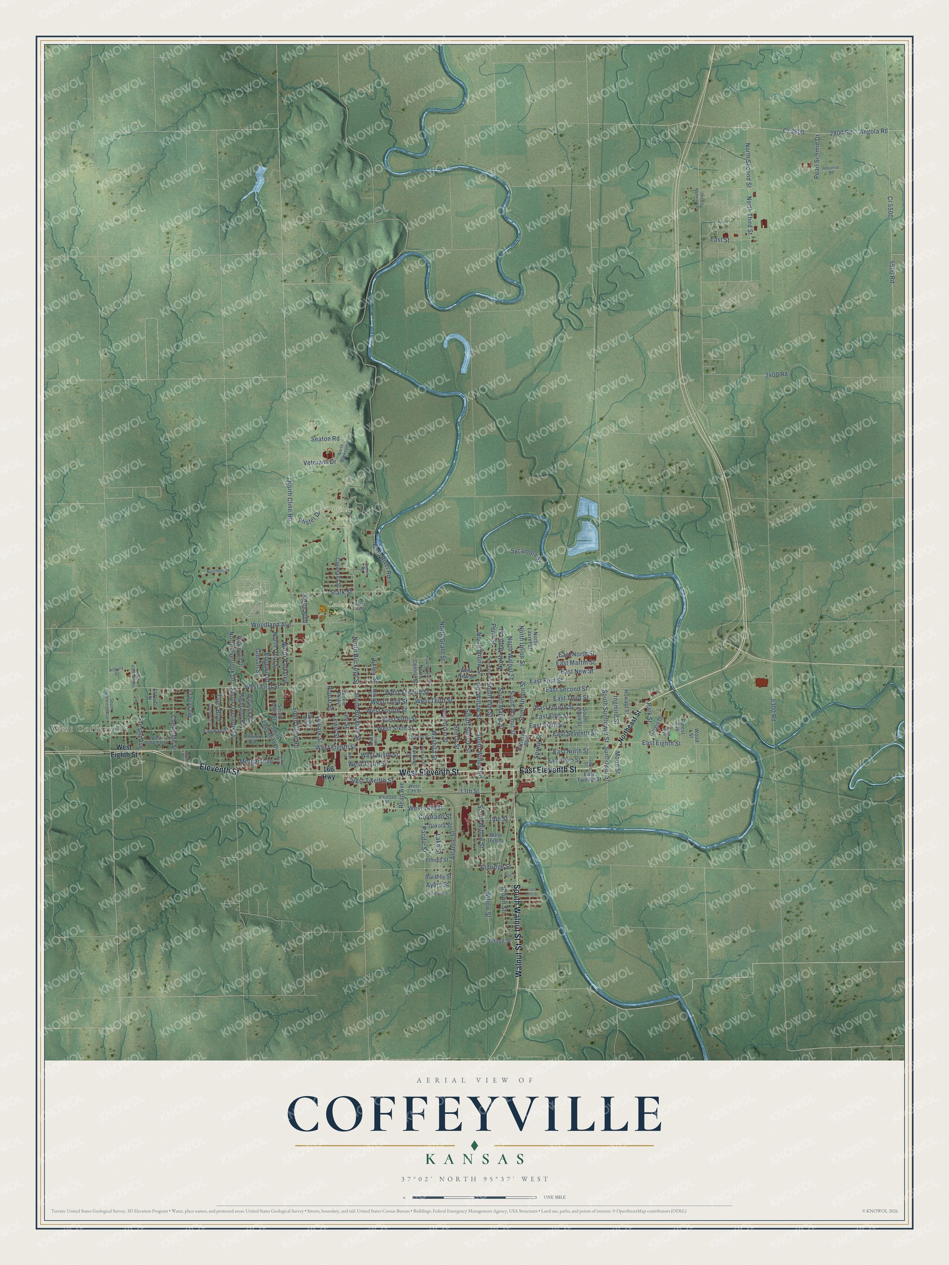 Full map of Coffeyville, Kansas, with red buildings, printed street names and the land around them