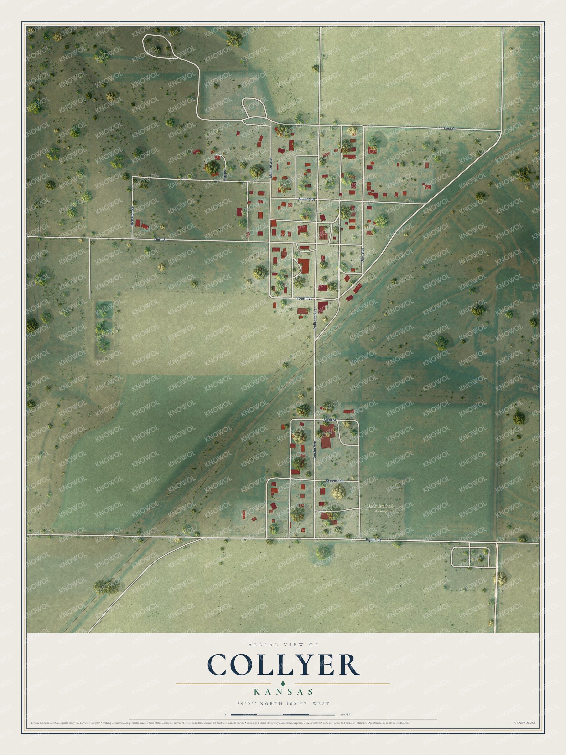 Full map of Collyer, Kansas, with red buildings, printed street names and the land around them