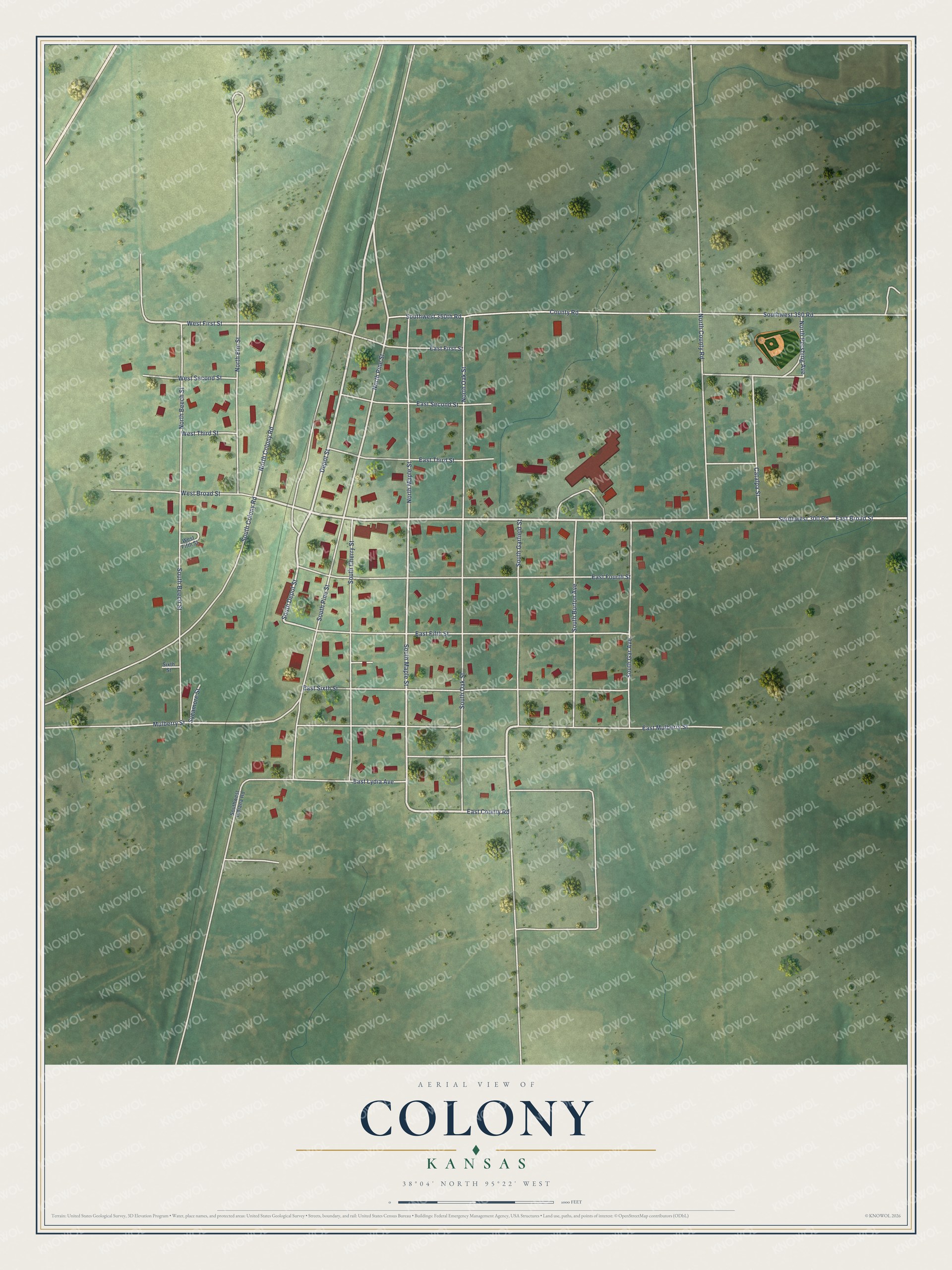 Full map of Colony, Kansas, with red buildings, printed street names and the land around them