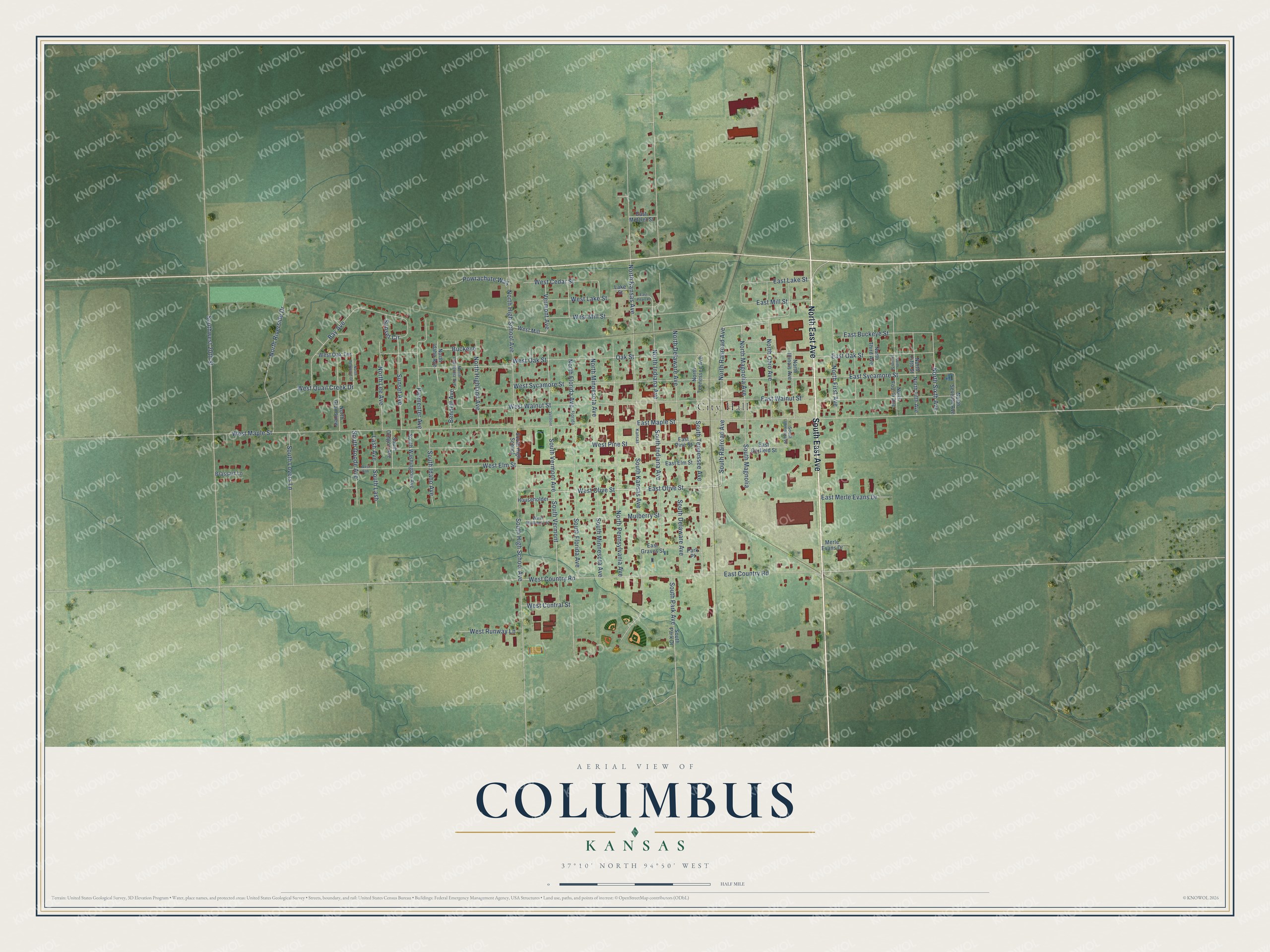 Full map of Columbus, Kansas, with red buildings, printed street names and the land around them