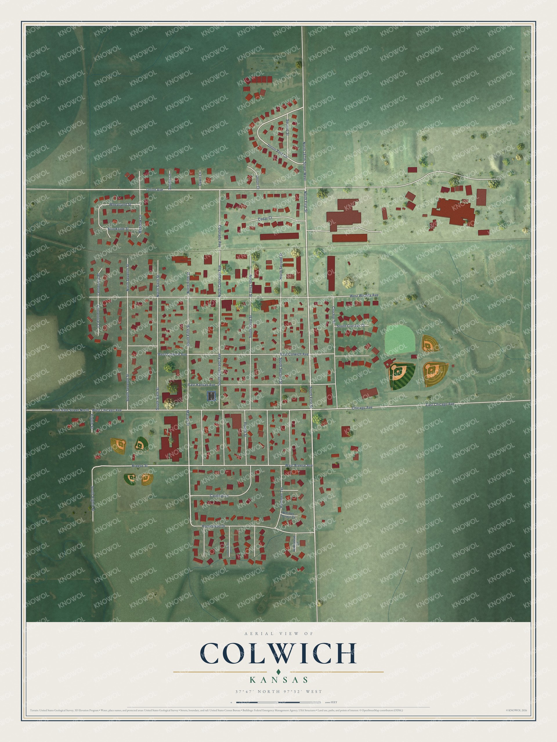 Full map of Colwich, Kansas, with red buildings, printed street names and the land around them