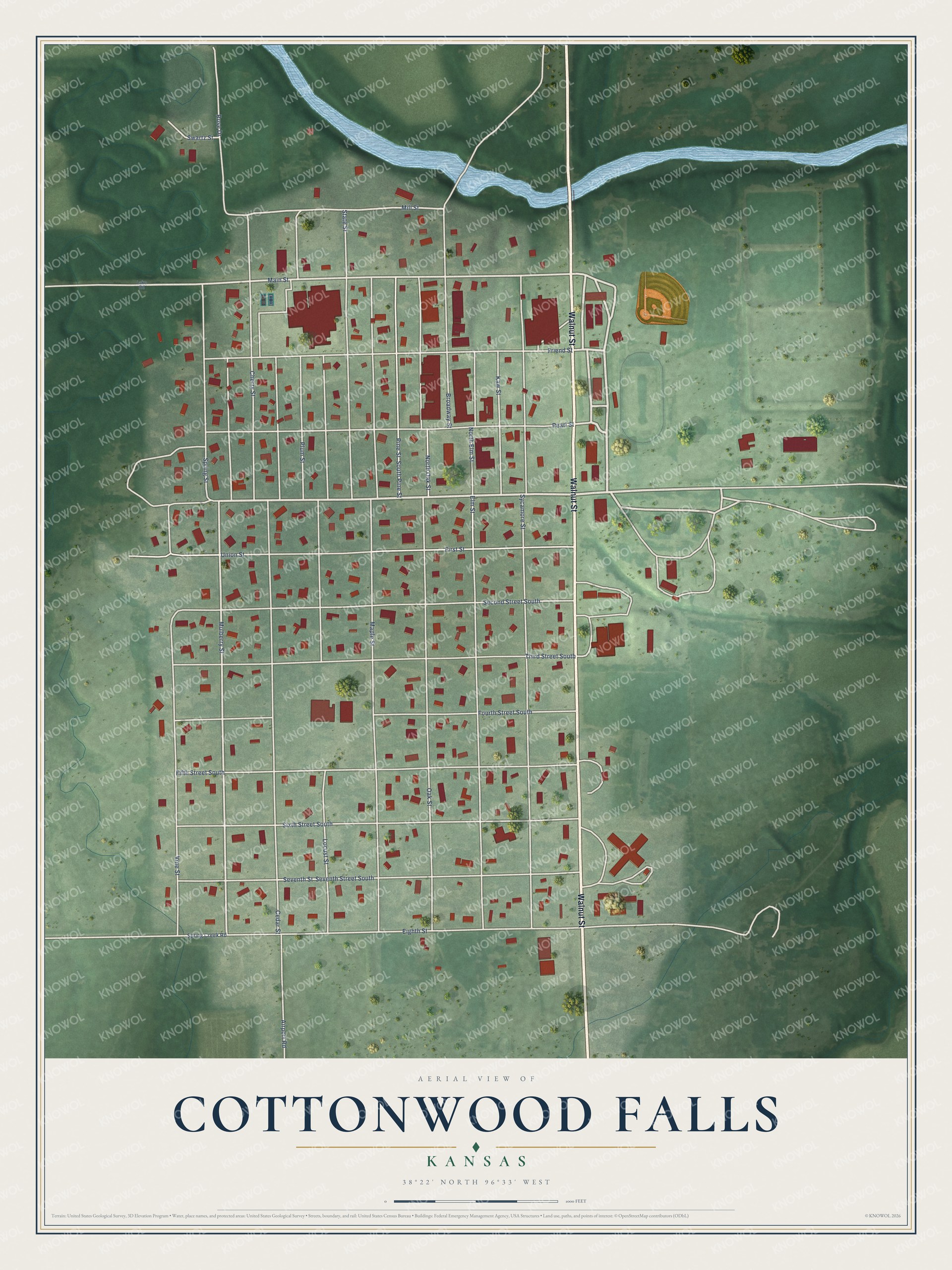 Watermarked full-map preview of Cottonwood Falls, Kansas
