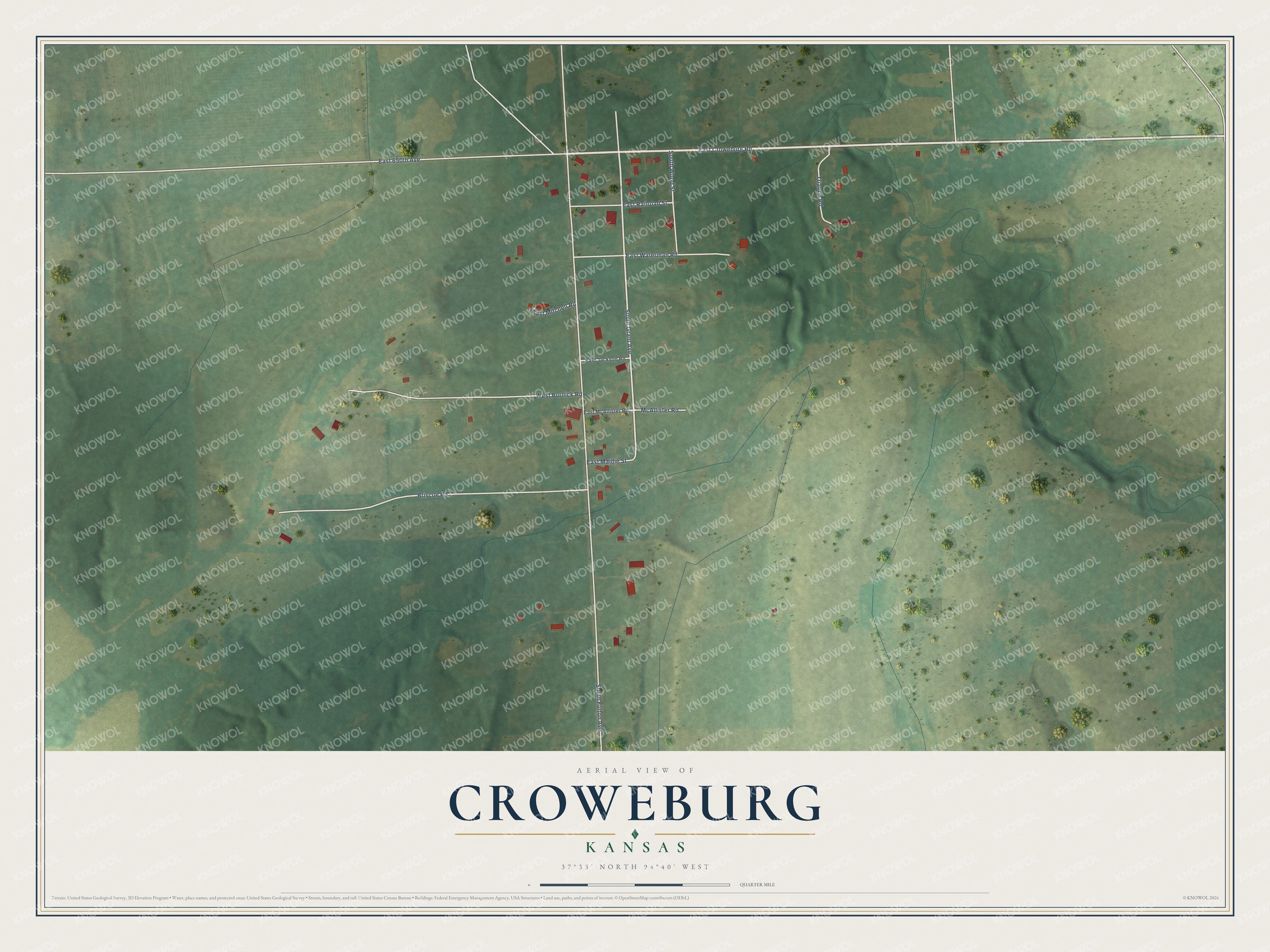 Full map of Croweburg, Kansas, with red buildings, printed street names and the land around them