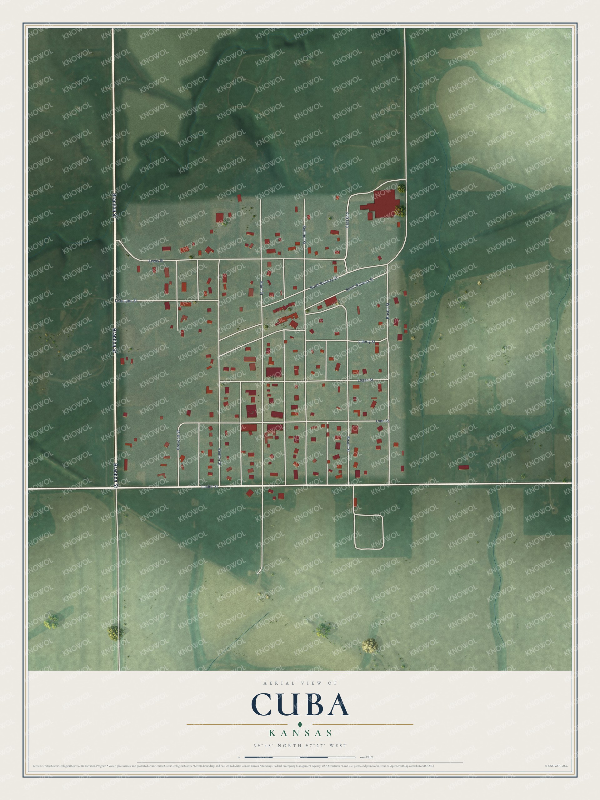 Full map of Cuba, Kansas, with red buildings, printed street names and the land around them