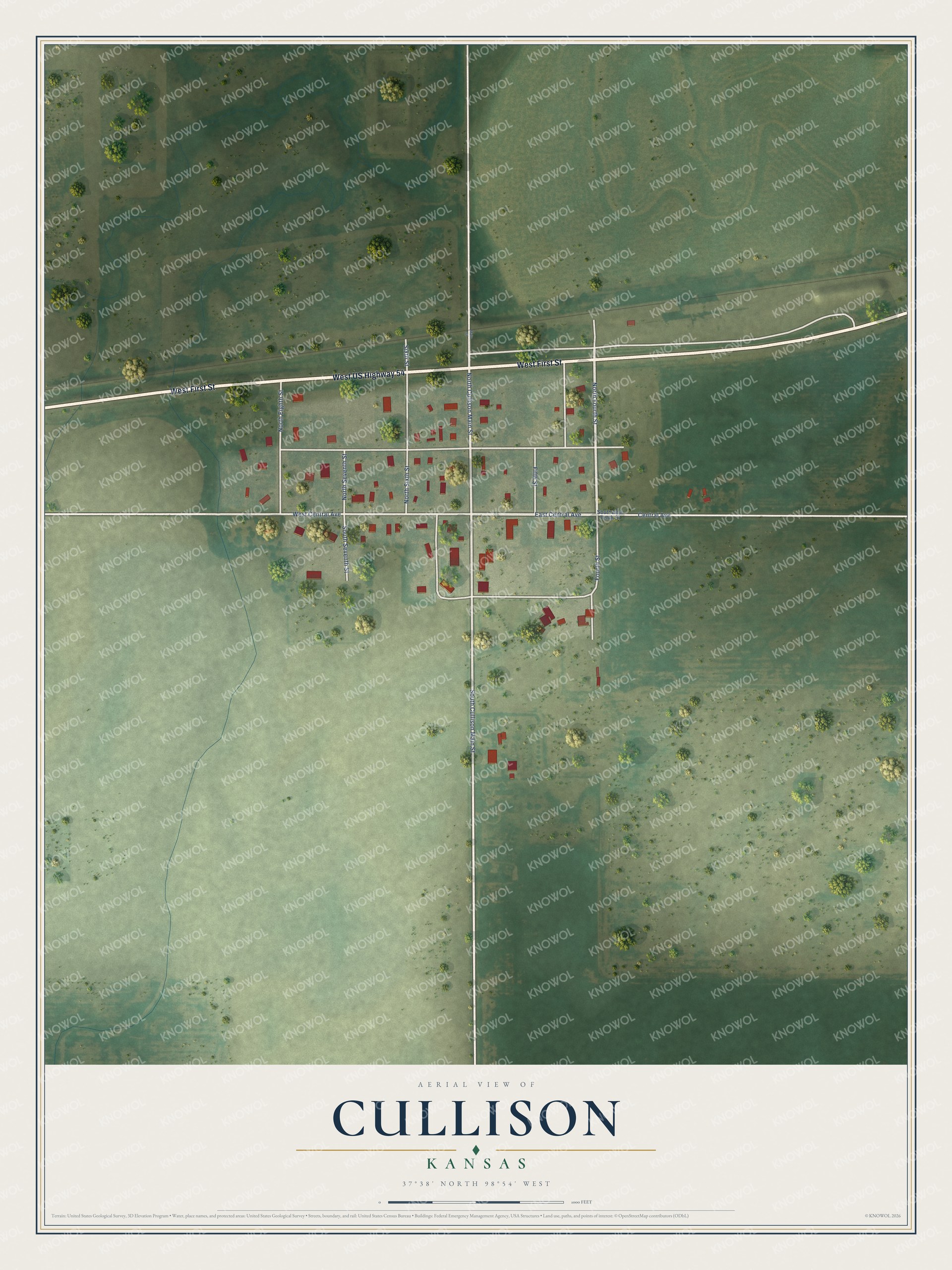 Full map of Cullison, Kansas, with red buildings, printed street names and the land around them