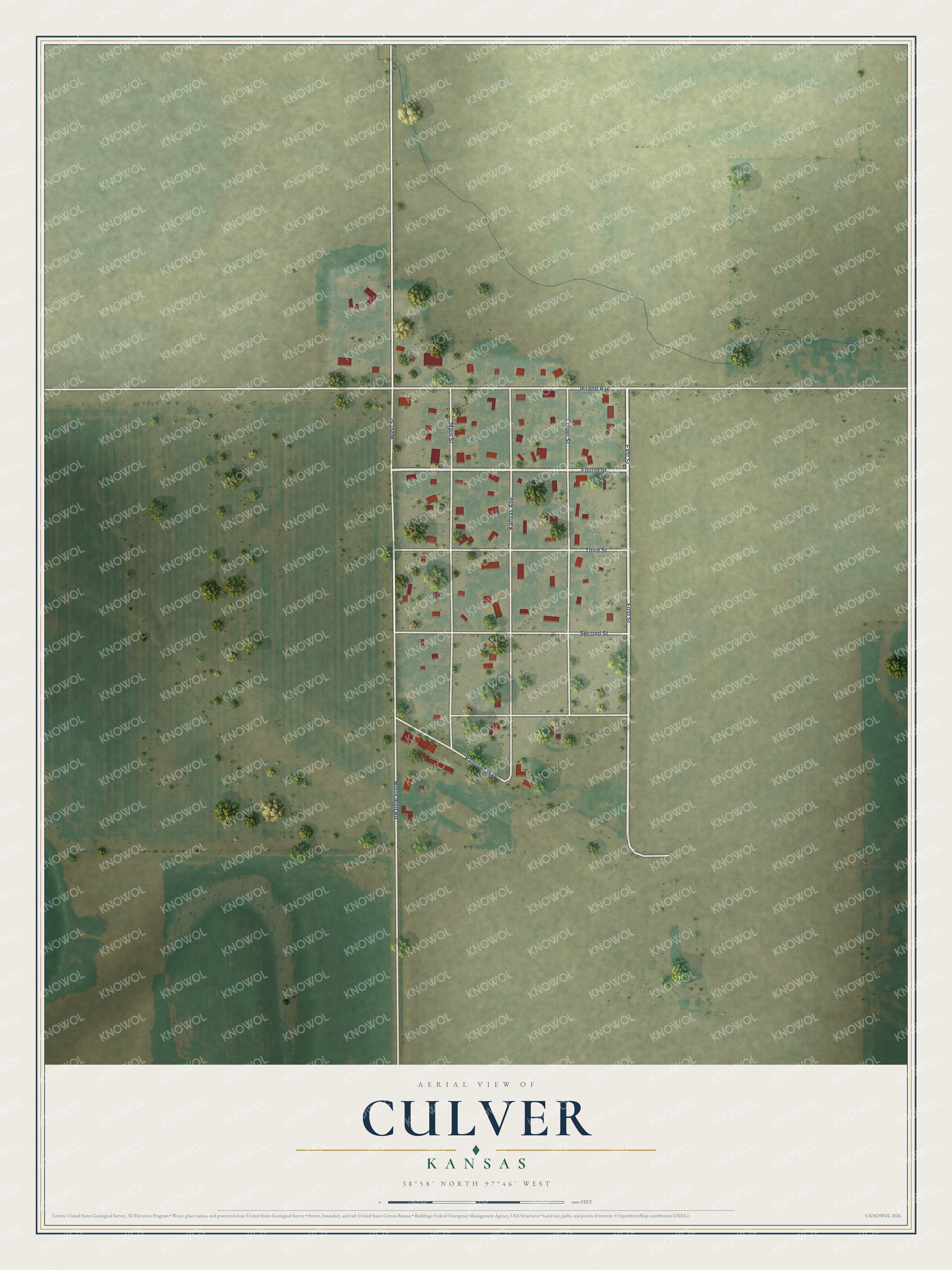 Full map of Culver, Kansas, with red buildings, printed street names and the land around them