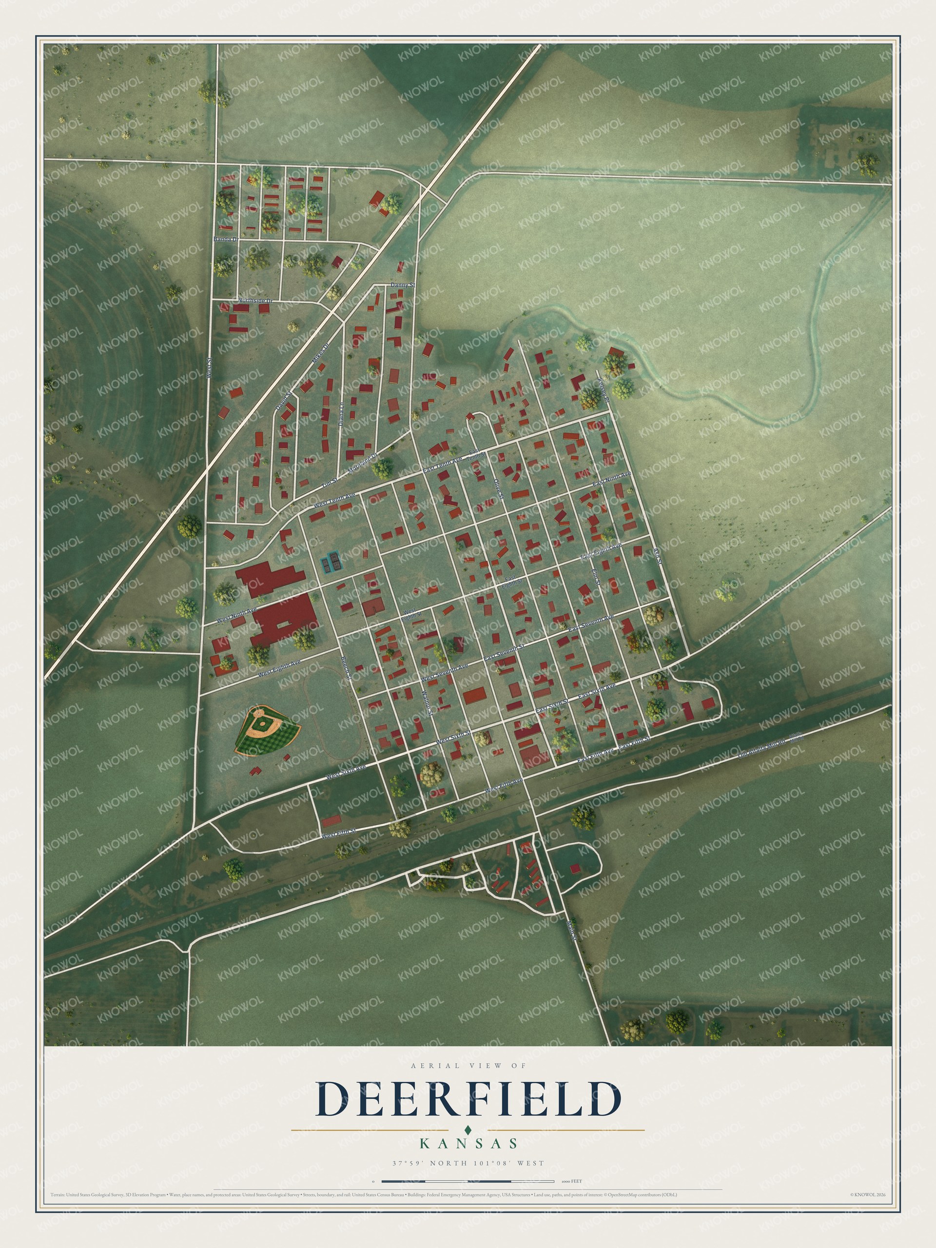 Full map of Deerfield, Kansas, with red buildings, printed street names and the land around them