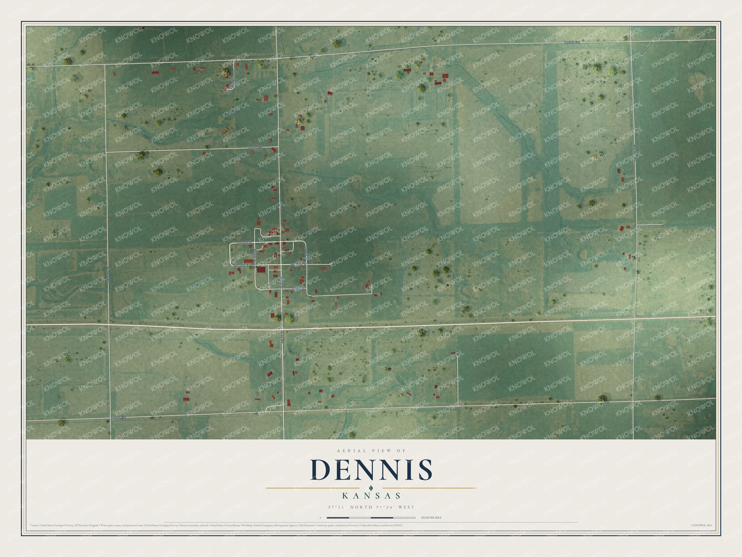 Full map of Dennis, Kansas, with red buildings, printed street names and the land around them