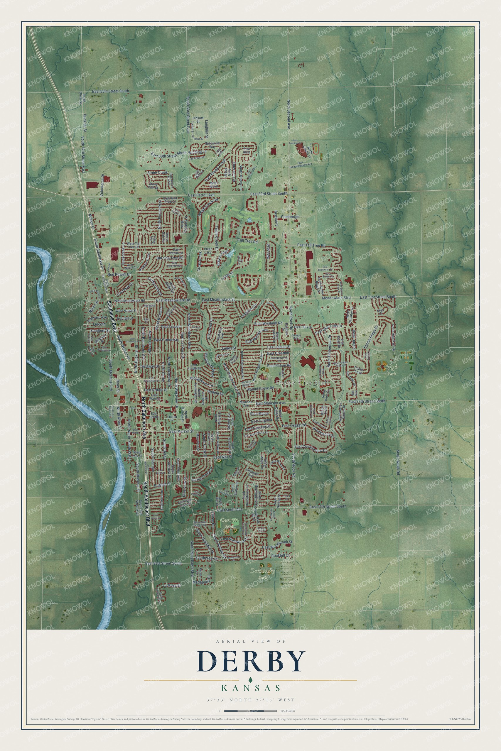 Full map of Derby, Kansas, with red buildings, printed street names and the land around them