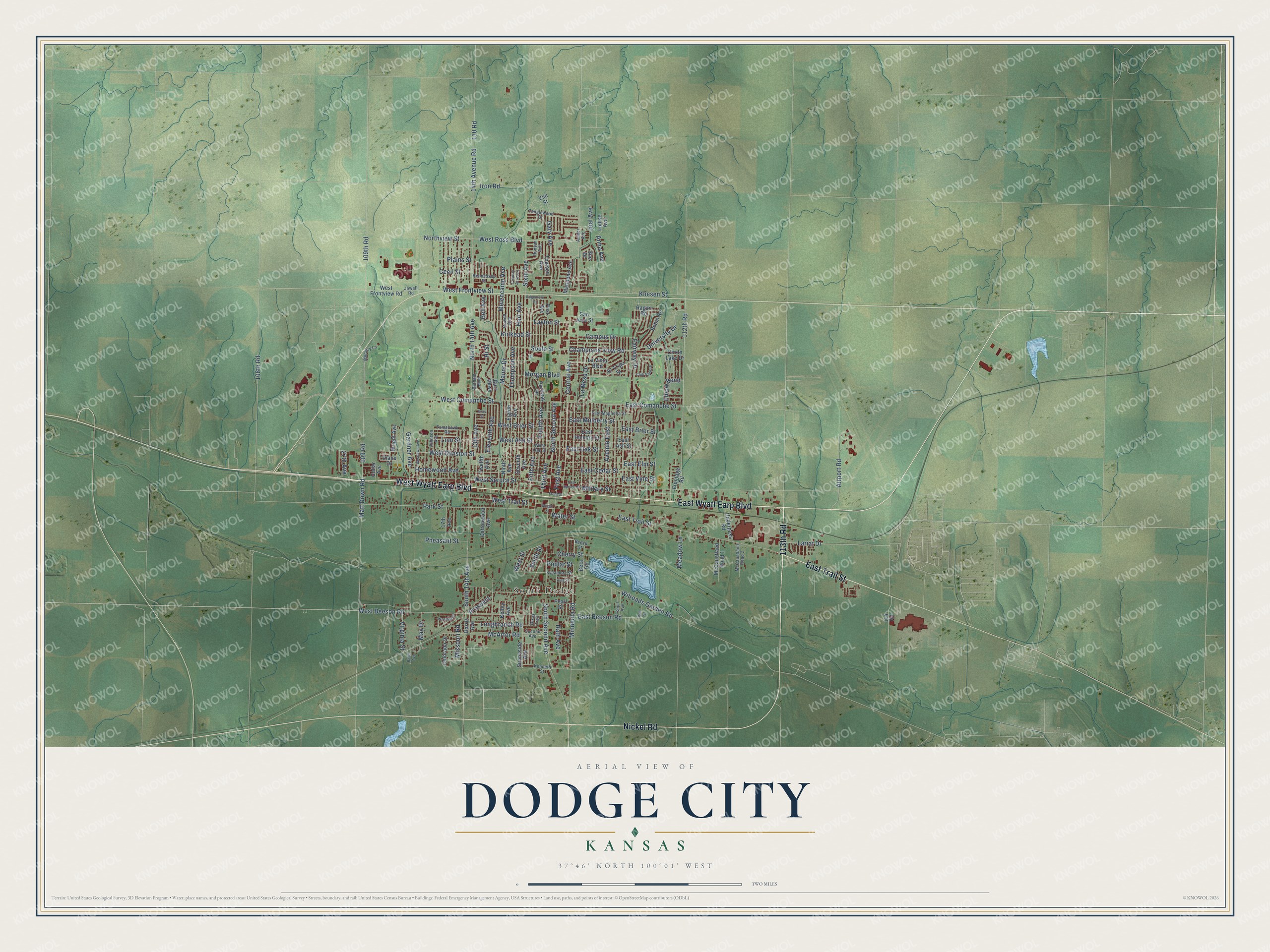 Full map of Dodge City, Kansas, with red buildings, printed street names and the land around them