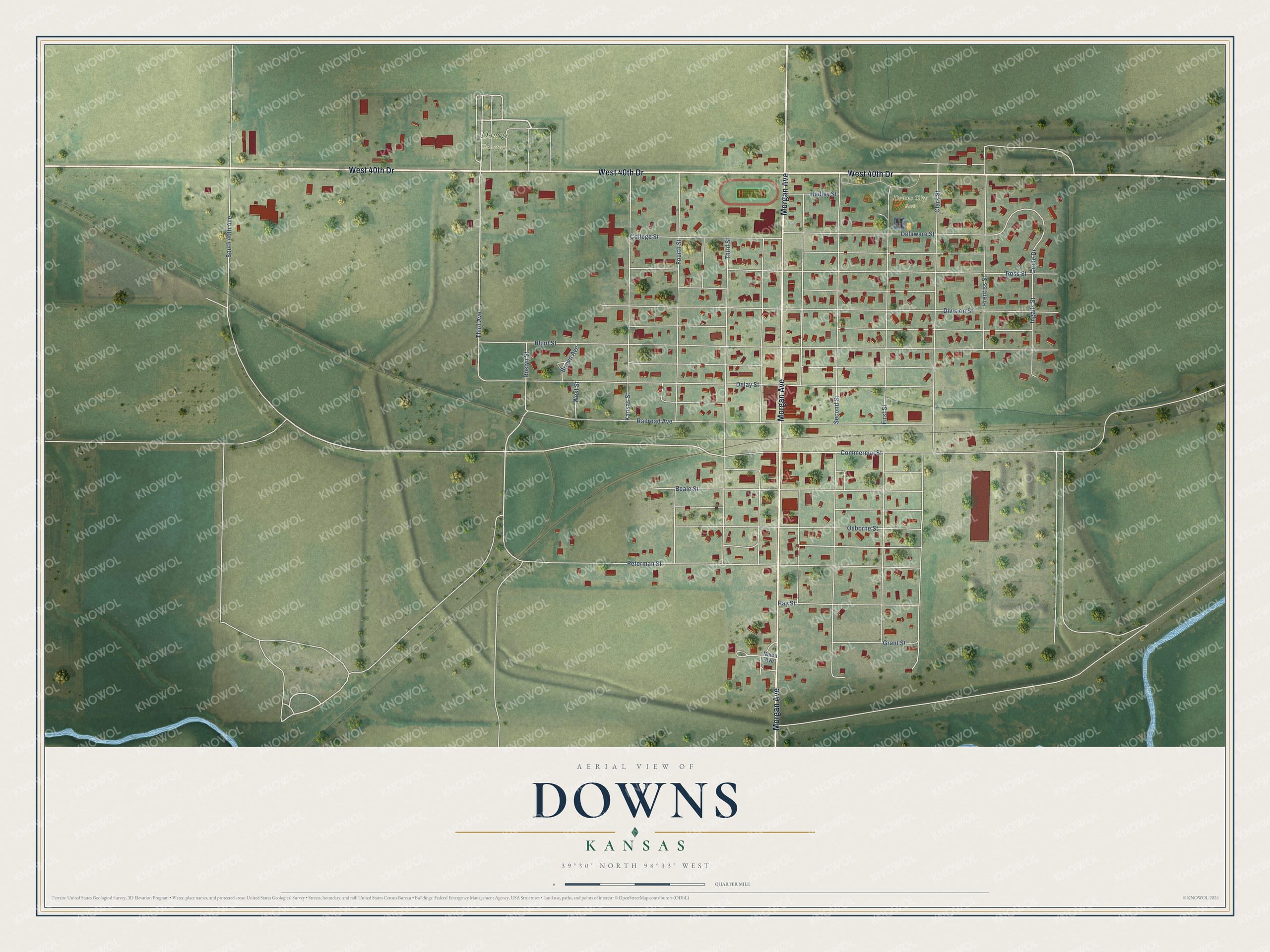 Full map of Downs, Kansas, with red buildings, printed street names and the land around them