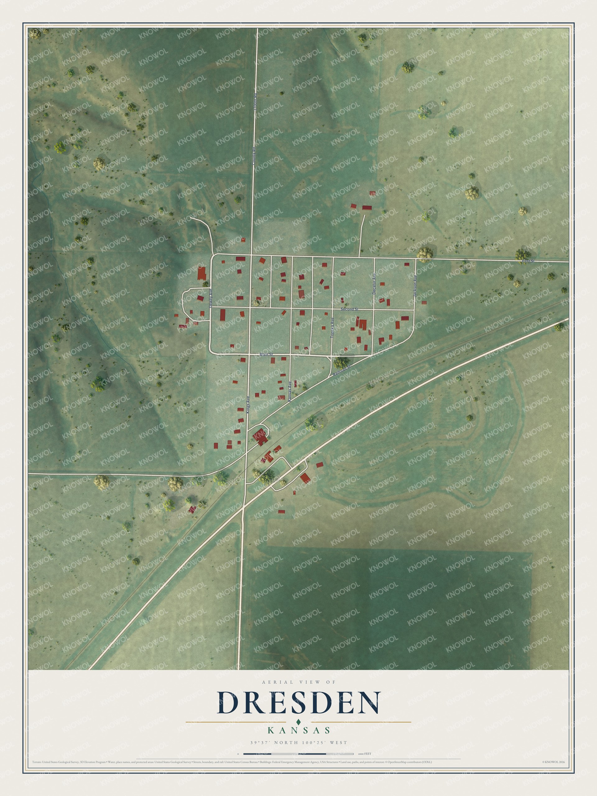 Full map of Dresden, Kansas, with red buildings, printed street names and the land around them