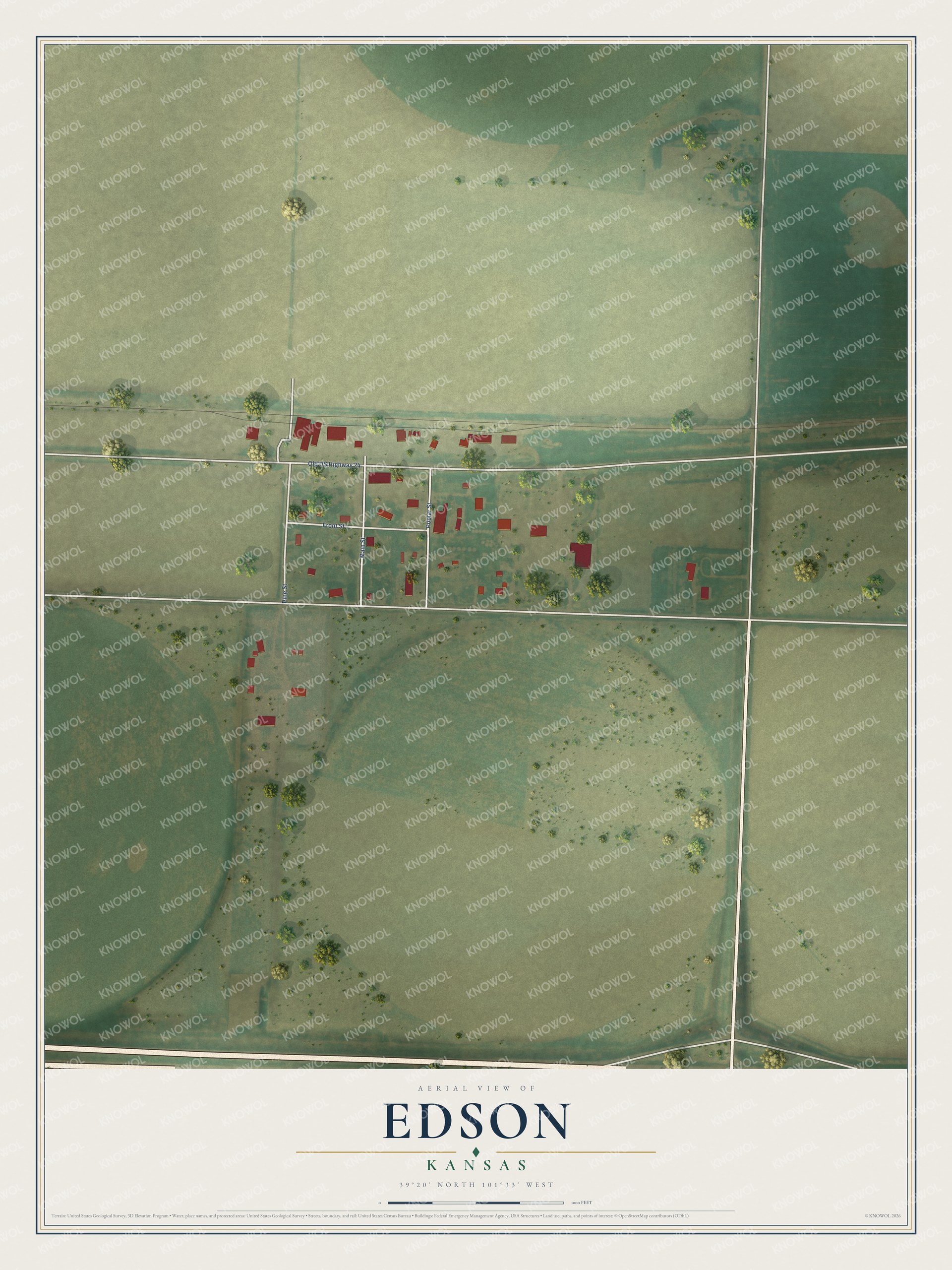Full map of Edson, Kansas, with red buildings, printed street names and the land around them