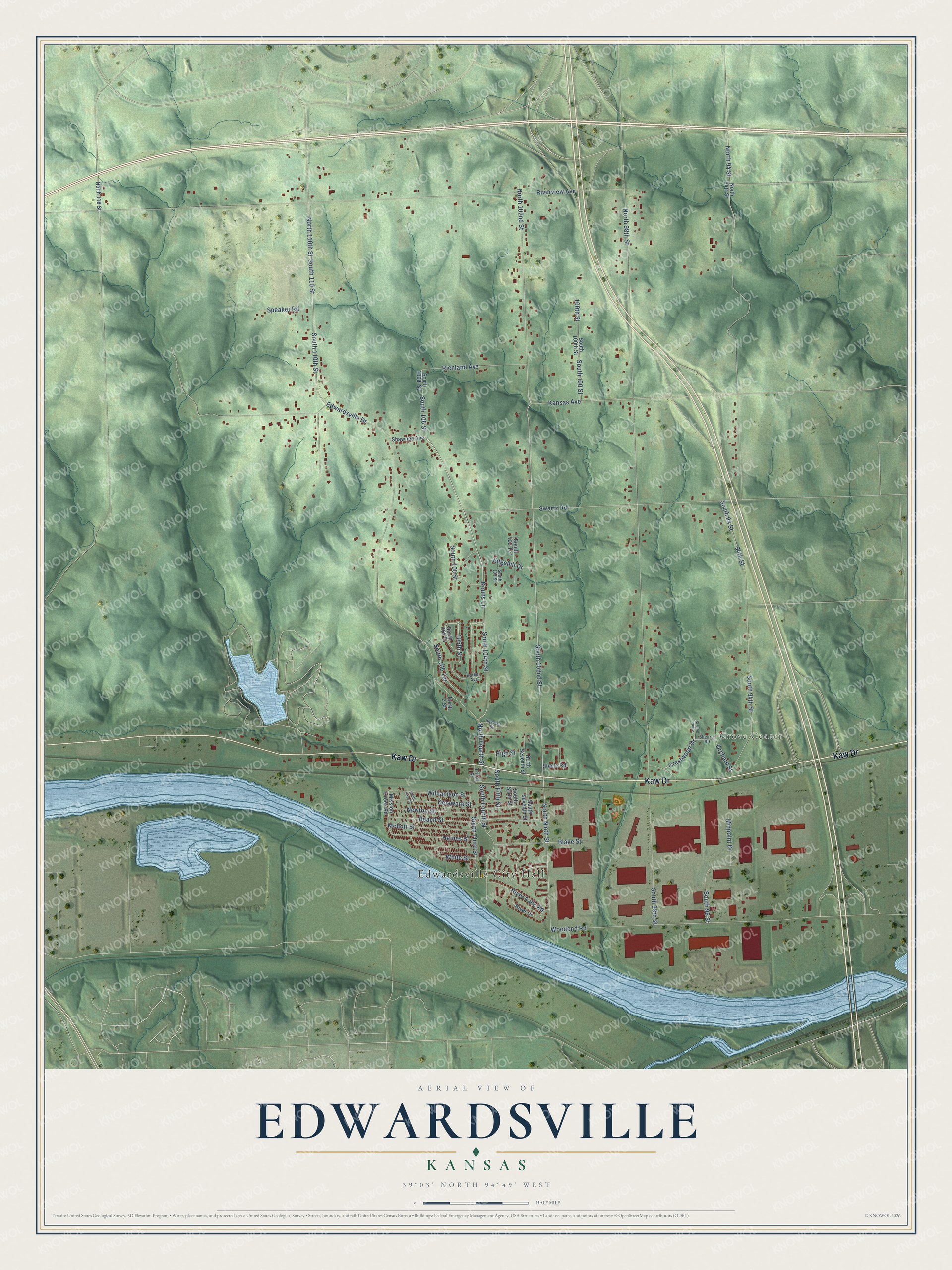 Full map of Edwardsville, Kansas, with red buildings, printed street names and the land around them