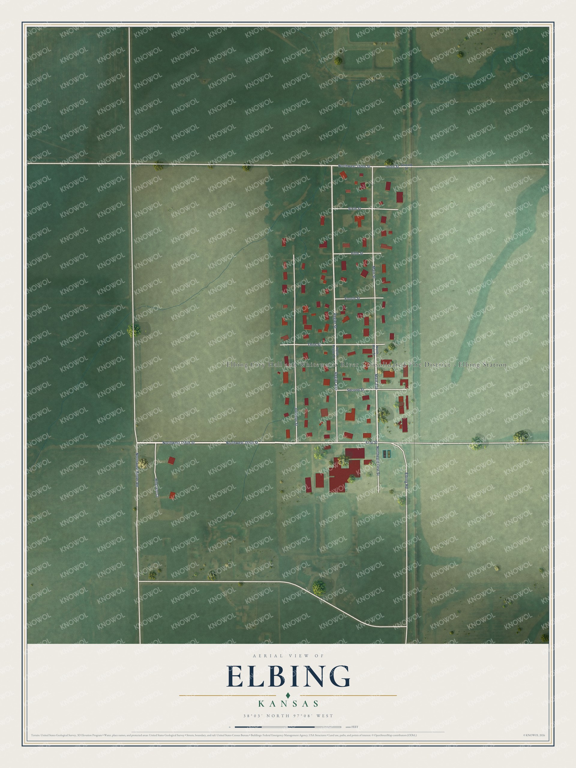 Full map of Elbing, Kansas, with red buildings, printed street names and the land around them