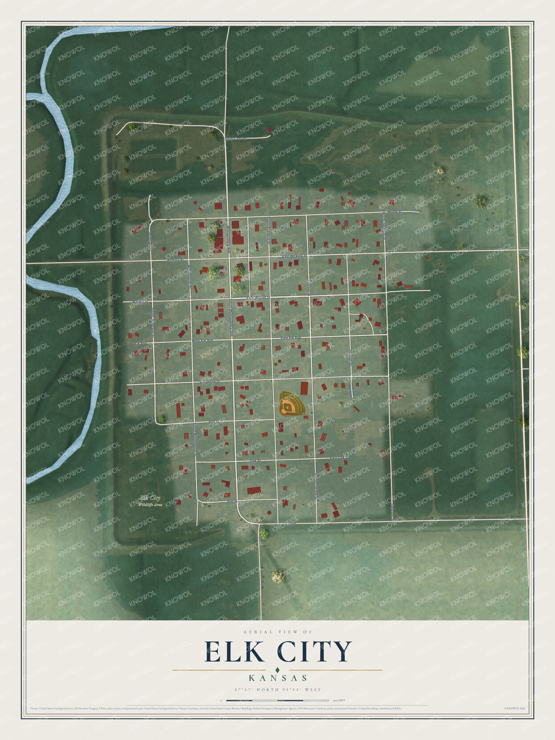 Full map of Elk City, Kansas, with red buildings, printed street names and the land around them