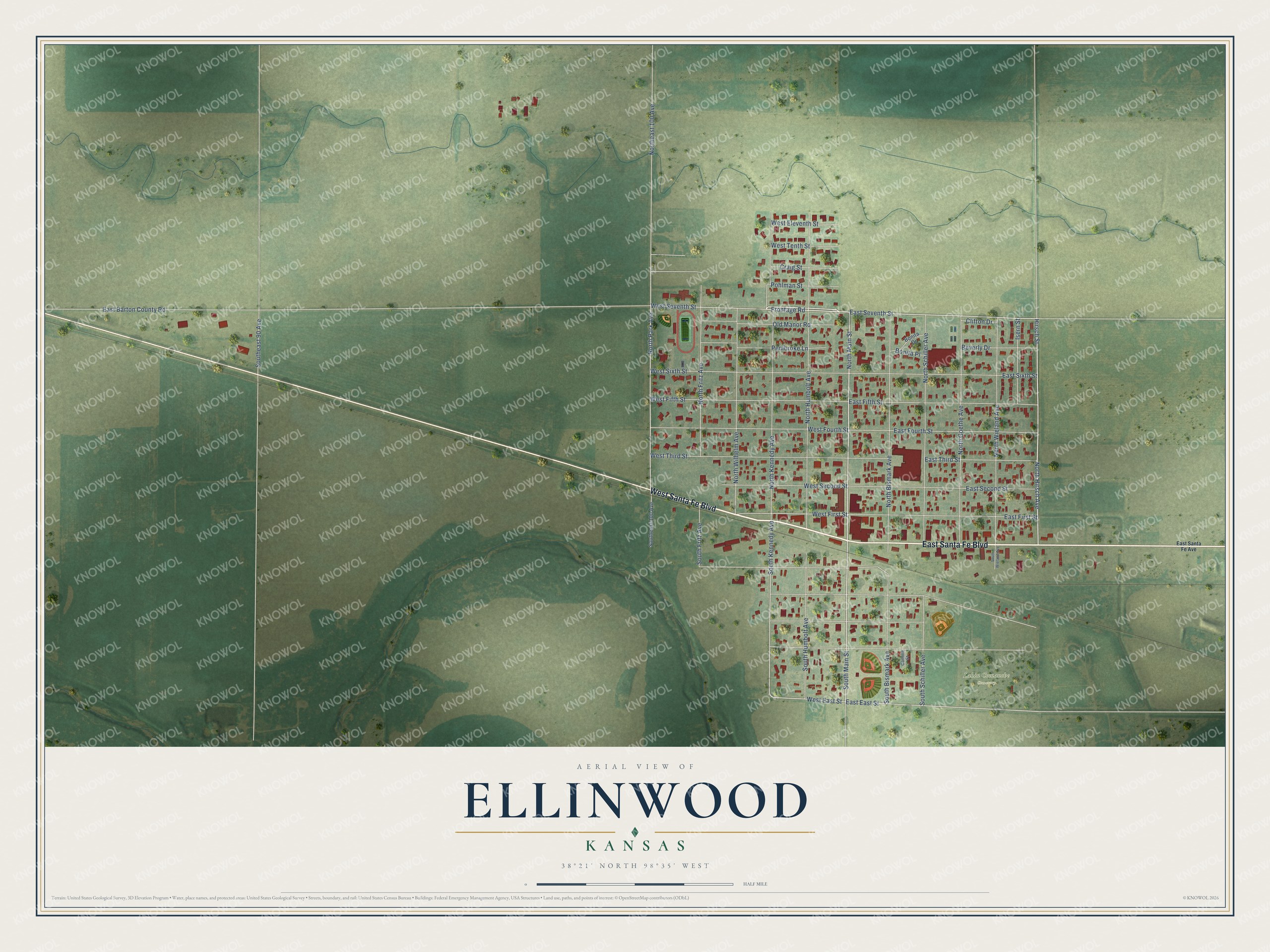 Watermarked full-map preview of Ellinwood, Kansas