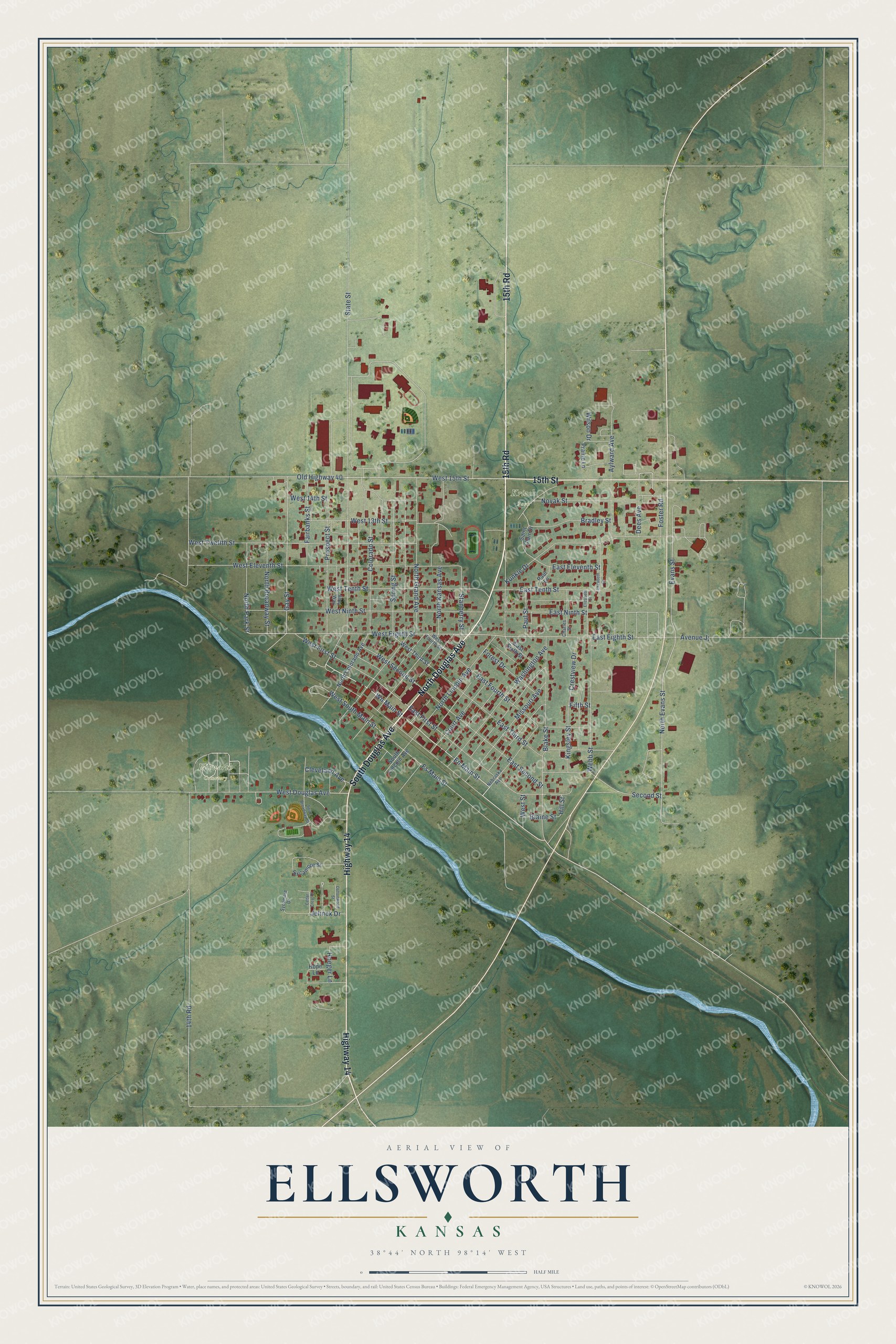 Full map of Ellsworth, Kansas, with red buildings, printed street names and the land around them