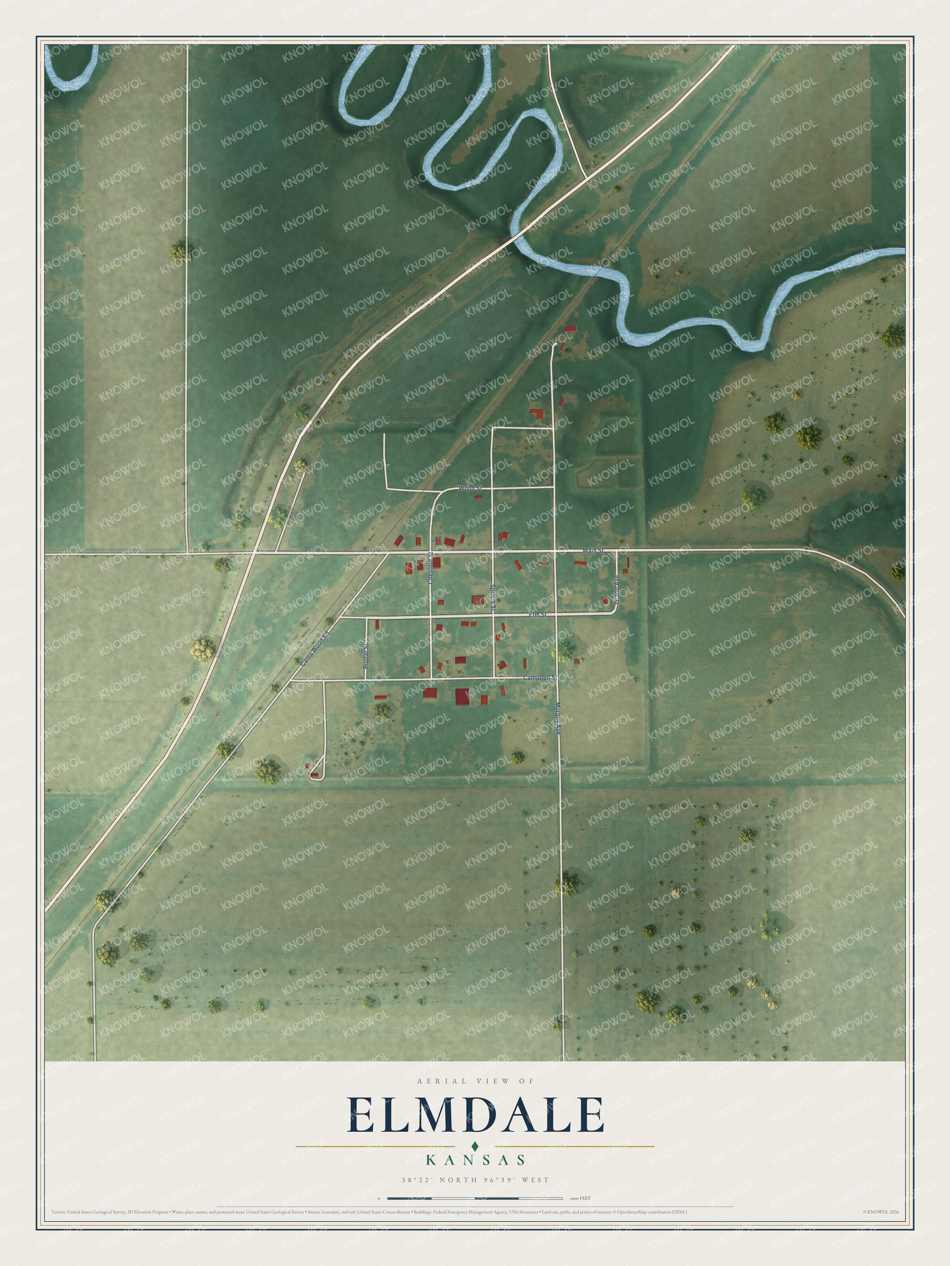 Full map of Elmdale, Kansas, with red buildings, printed street names and the land around them
