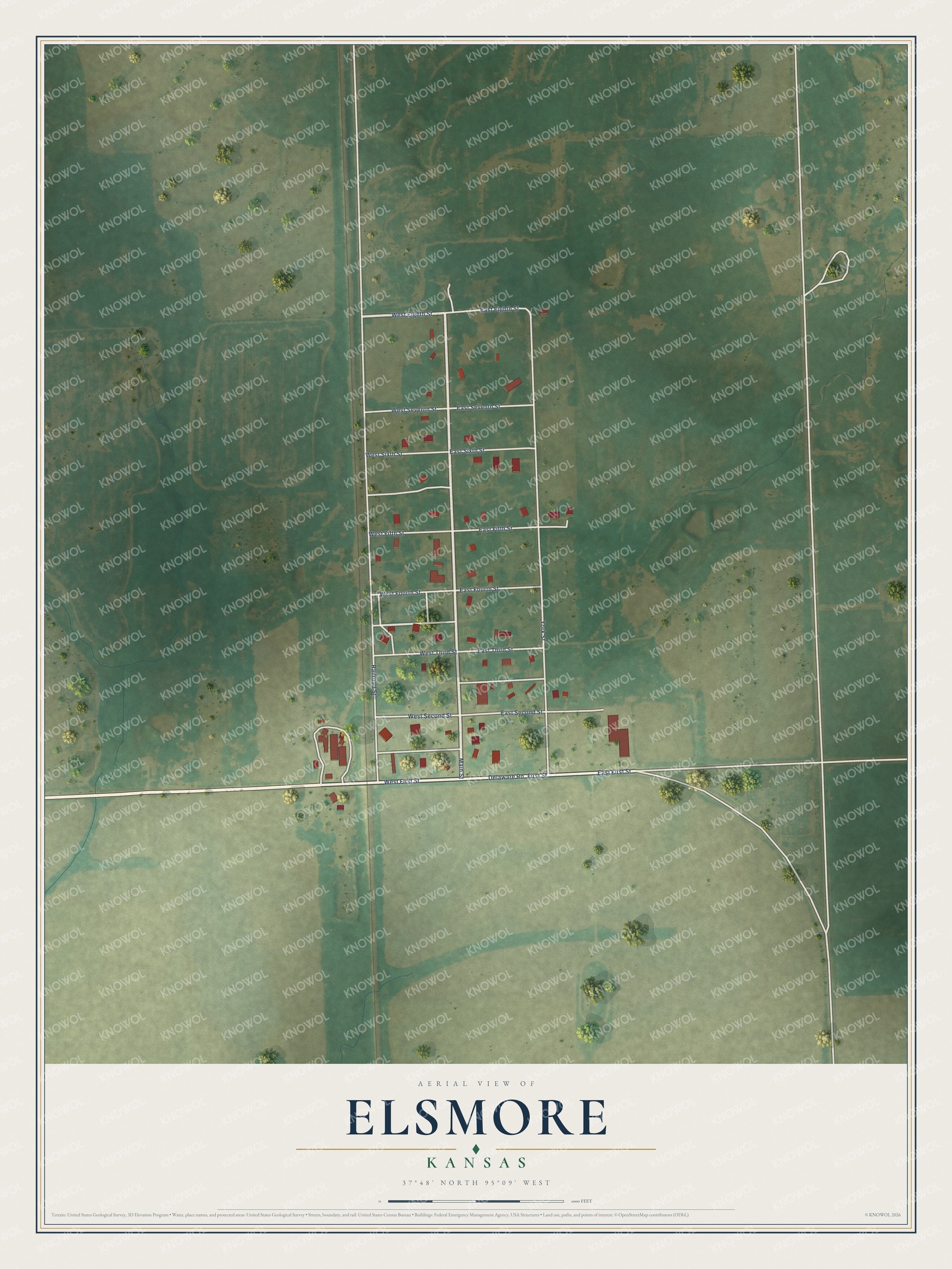 Full map of Elsmore, Kansas, with red buildings, printed street names and the land around them