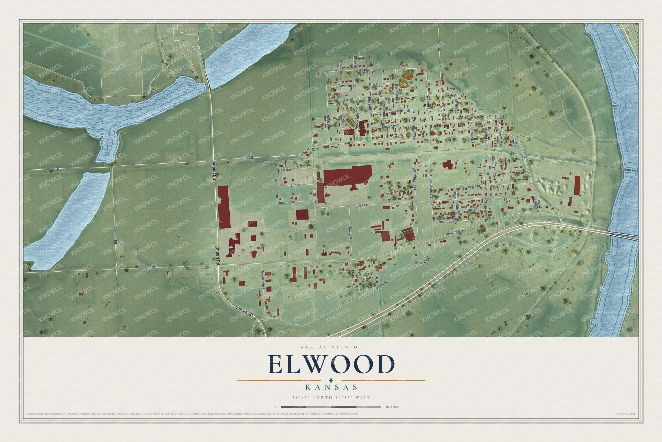 Full map of Elwood, Kansas, with red buildings, printed street names and the land around them