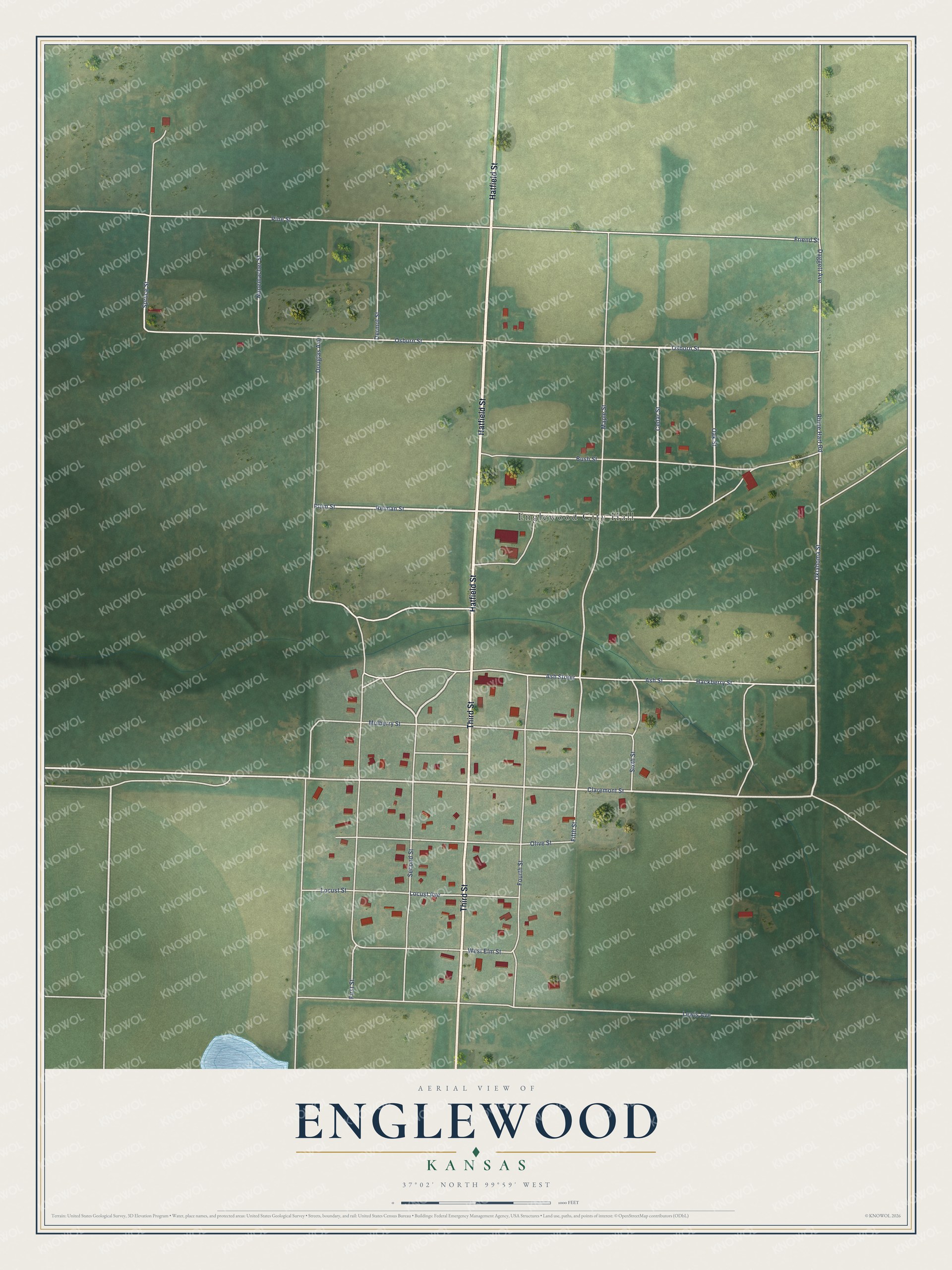Full map of Englewood, Kansas, with red buildings, printed street names and the land around them