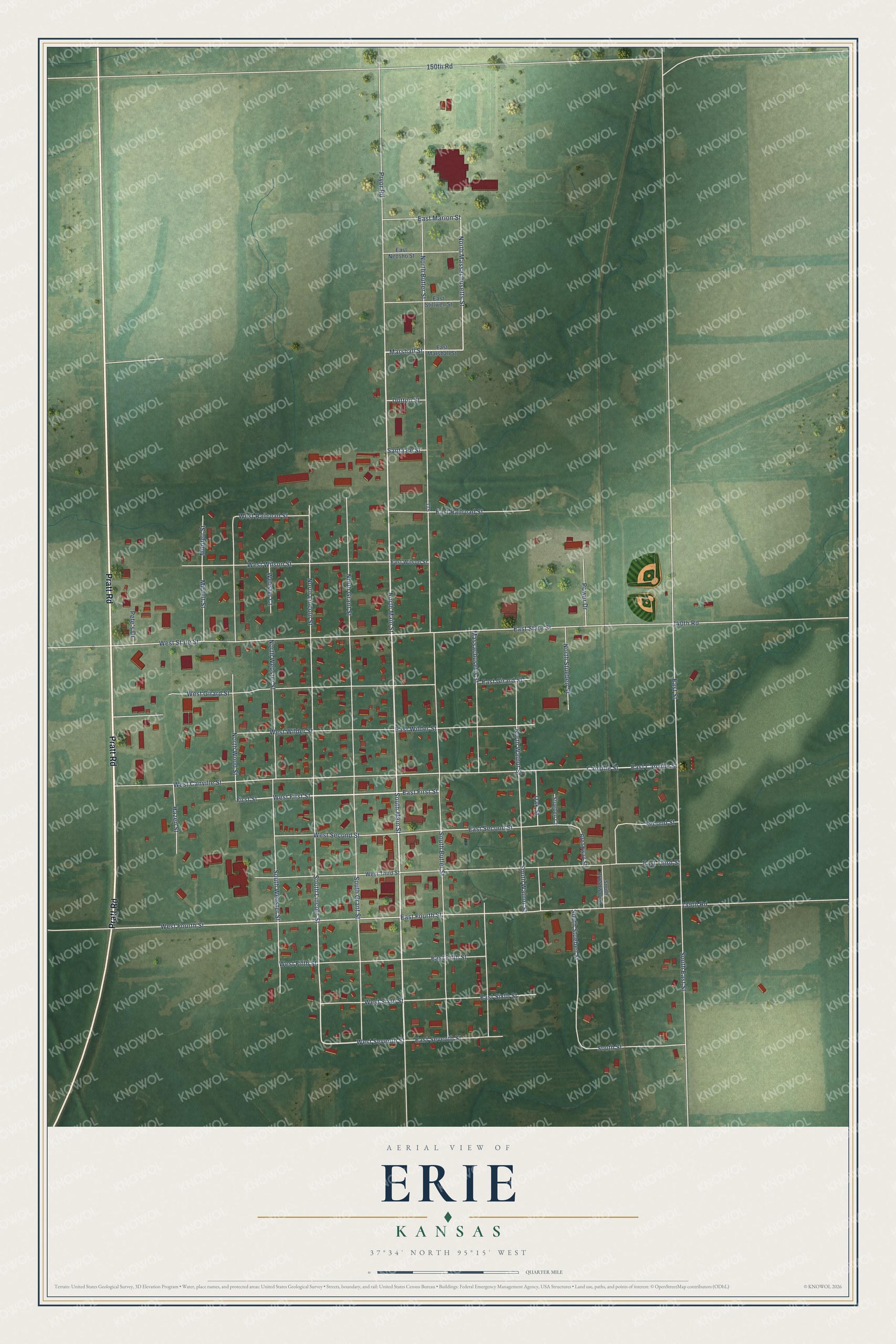 Full map of Erie, Kansas, with red buildings, printed street names and the land around them