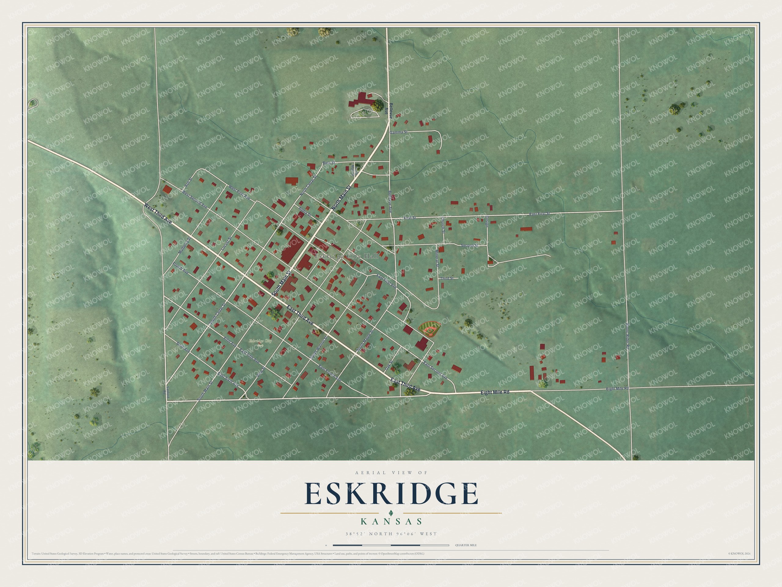 Full map of Eskridge, Kansas, with red buildings, printed street names and the land around them